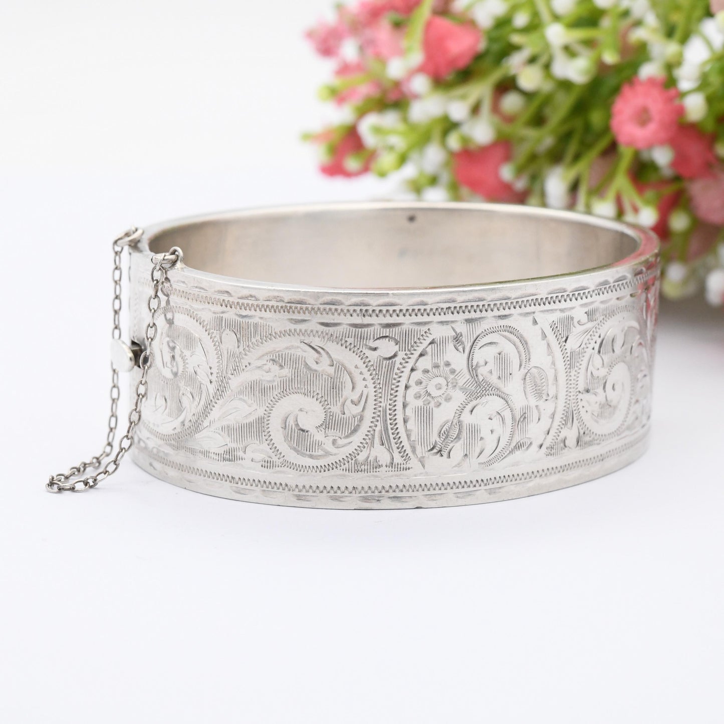 Vintage Sterling Silver Engraved Bangle Bracelet 1959 by Joseph Gloster - Chunky Victorian Aesthetic Scrolling Style with Safety Chain