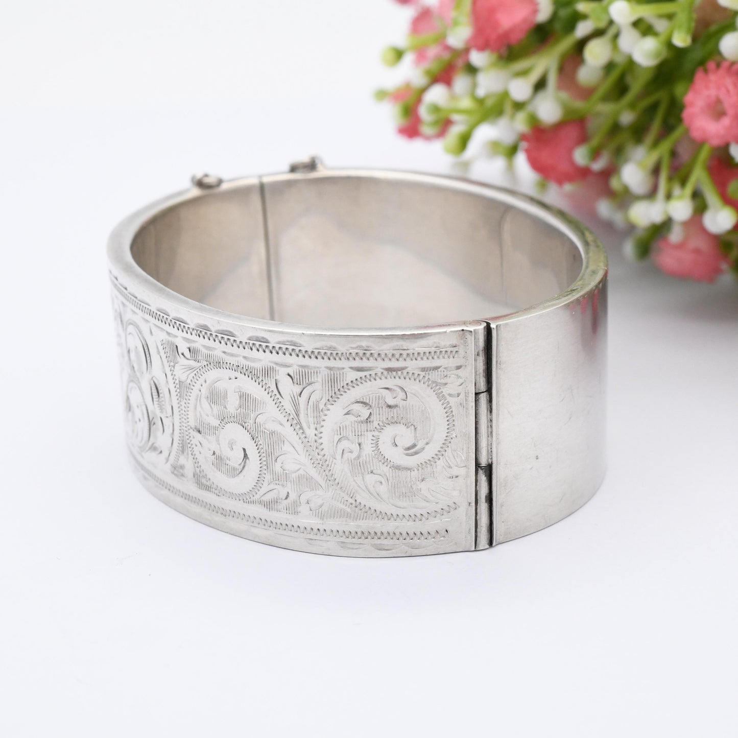 Vintage Sterling Silver Engraved Bangle Bracelet 1959 by Joseph Gloster - Chunky Victorian Aesthetic Scrolling Style with Safety Chain