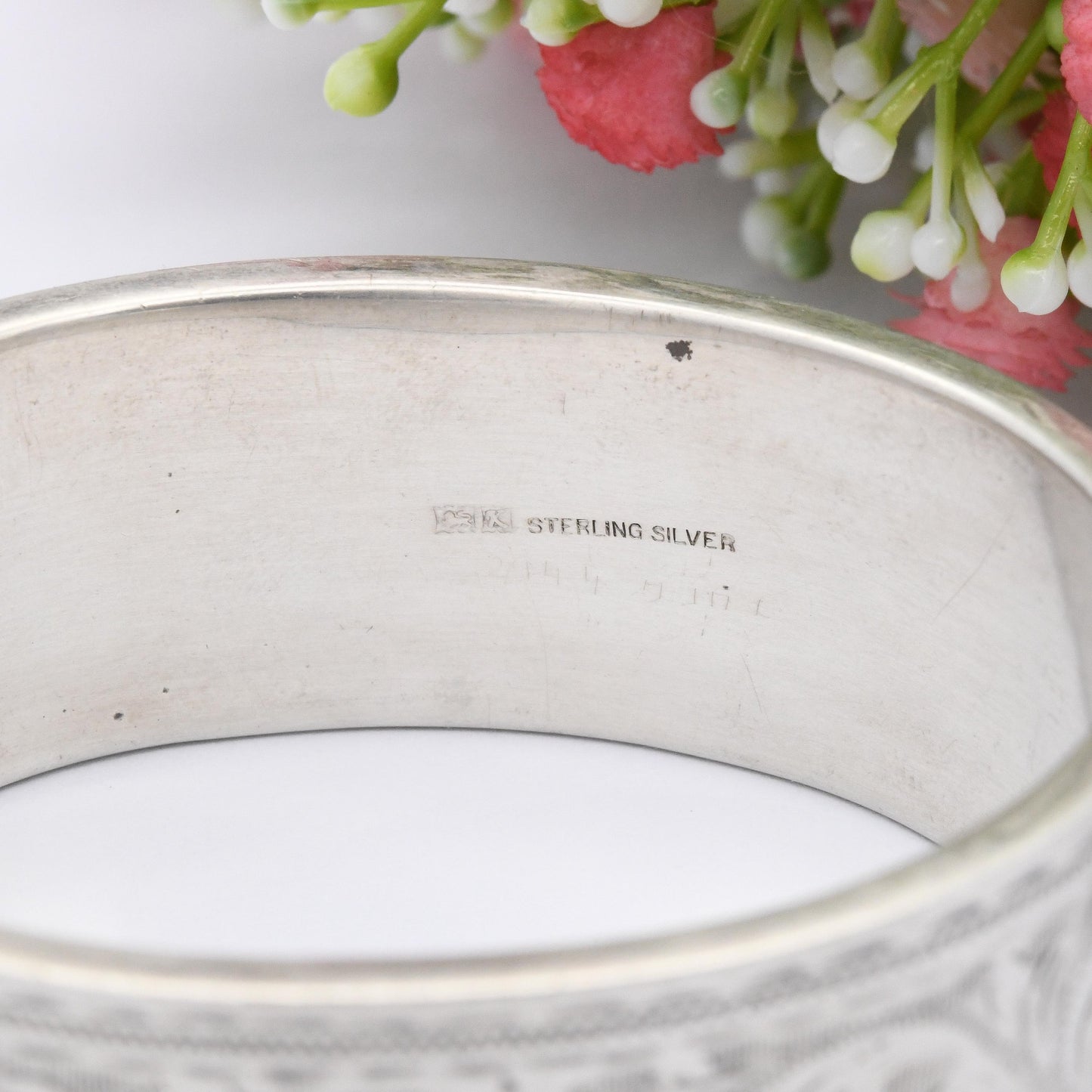 Vintage Sterling Silver Engraved Bangle Bracelet 1959 by Joseph Gloster - Chunky Victorian Aesthetic Scrolling Style with Safety Chain
