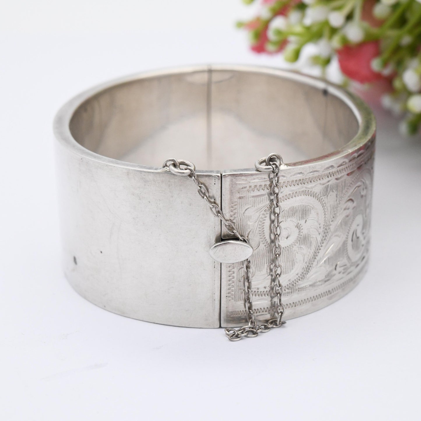 Vintage Sterling Silver Engraved Bangle Bracelet 1959 by Joseph Gloster - Chunky Victorian Aesthetic Scrolling Style with Safety Chain