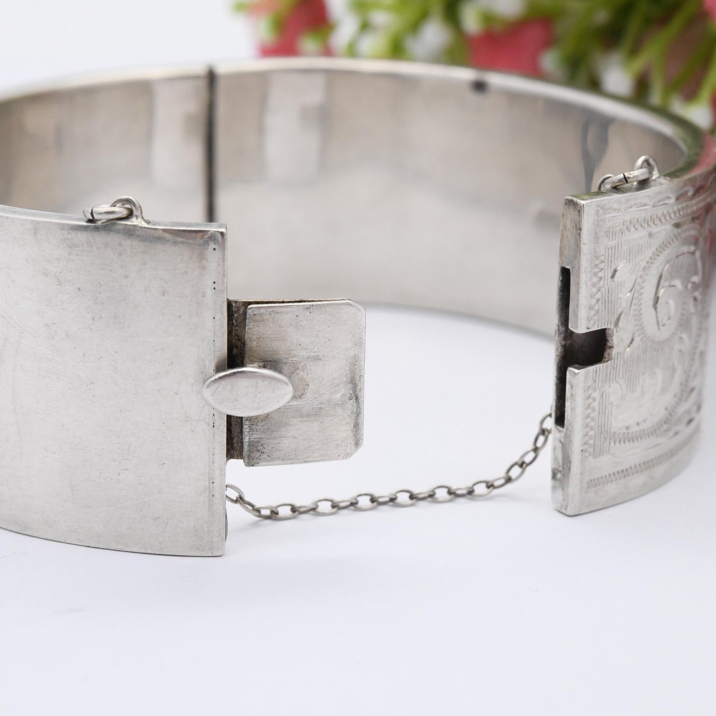 Vintage Sterling Silver Engraved Bangle Bracelet 1959 by Joseph Gloster - Chunky Victorian Aesthetic Scrolling Style with Safety Chain
