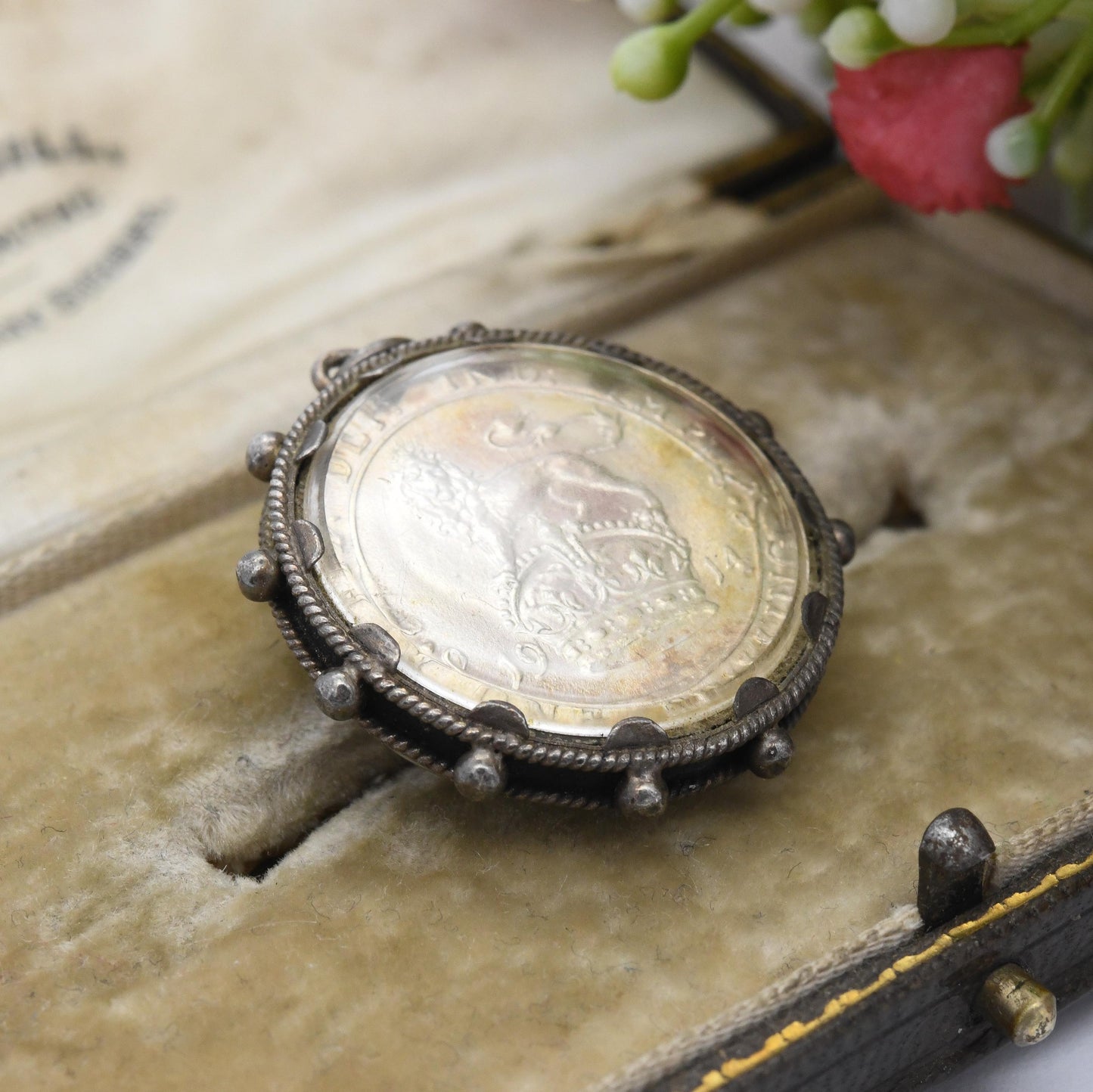 Antique Sterling Silver Coin Pendant in Fob Mount 1914 George V One Shilling - Domed Glass Magnified Coin Pendant | Gift for Charm Necklace