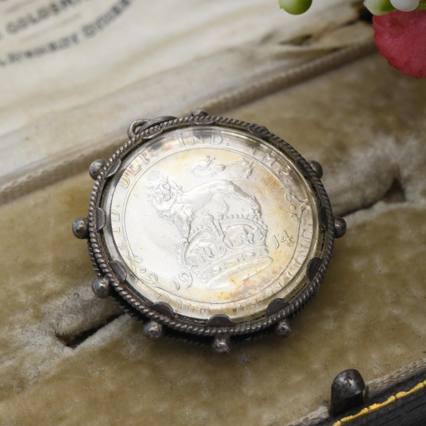 Antique Sterling Silver Coin Pendant in Fob Mount 1914 George V One Shilling - Domed Glass Magnified Coin Pendant | Gift for Charm Necklace