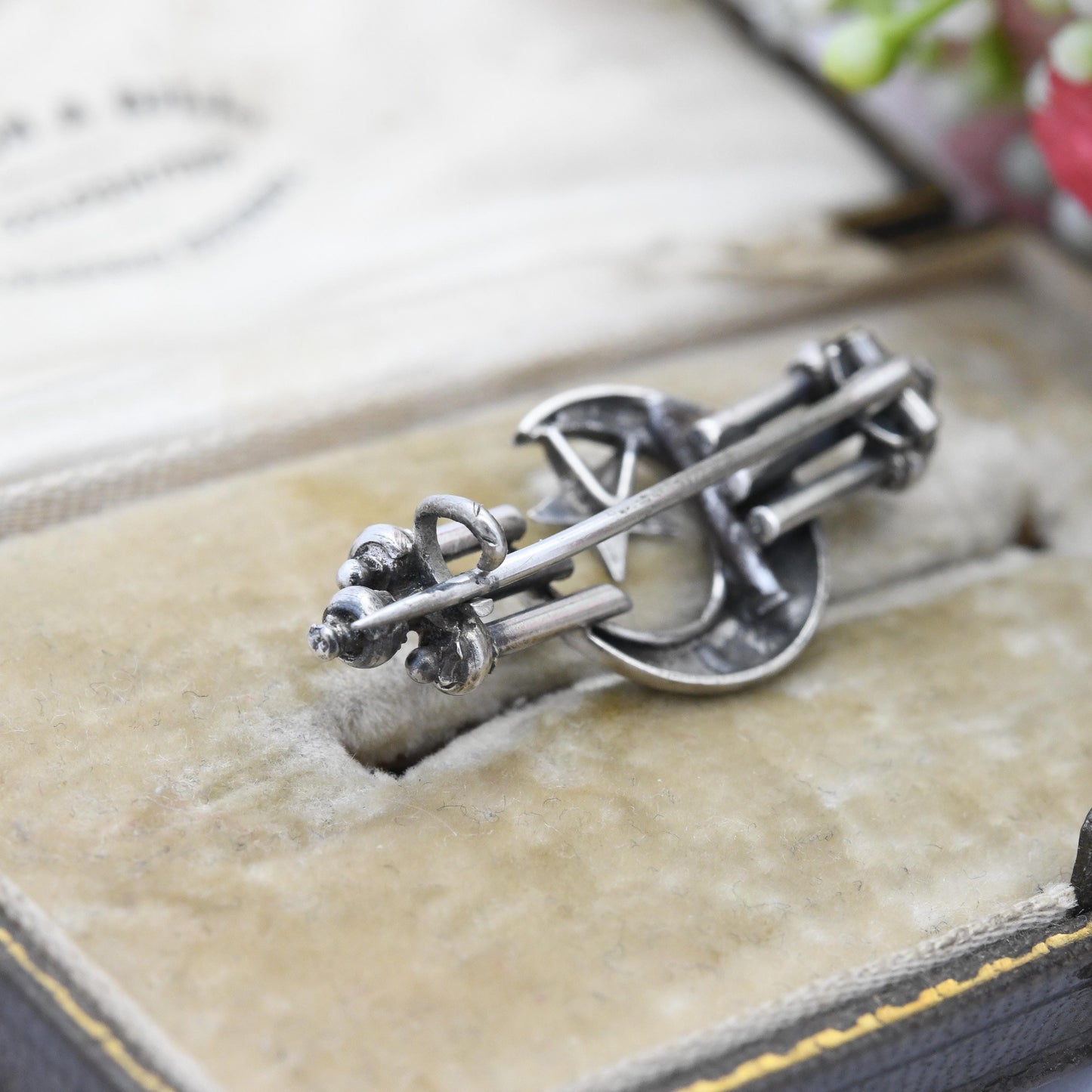 Antique Victorian Sterling Silver Moon and Star Brooch with Hand Engraved Ivy Leaf Design Crescent Moon