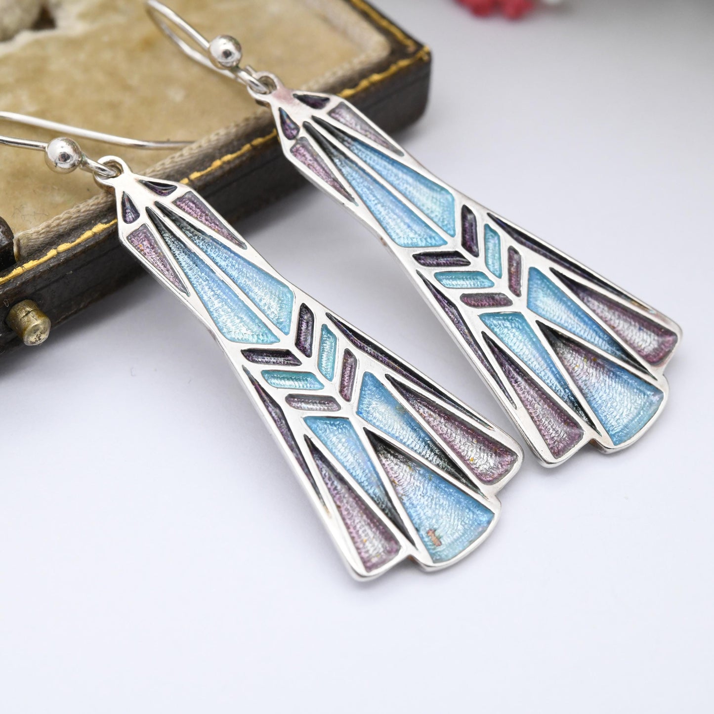 Vintage Ortak Sterling Silver Enamel Drop Earrings by Malcolm Gray - Dramatic Blue Purple Enamel Scottish Silver Jewellery Art Nouveau Style