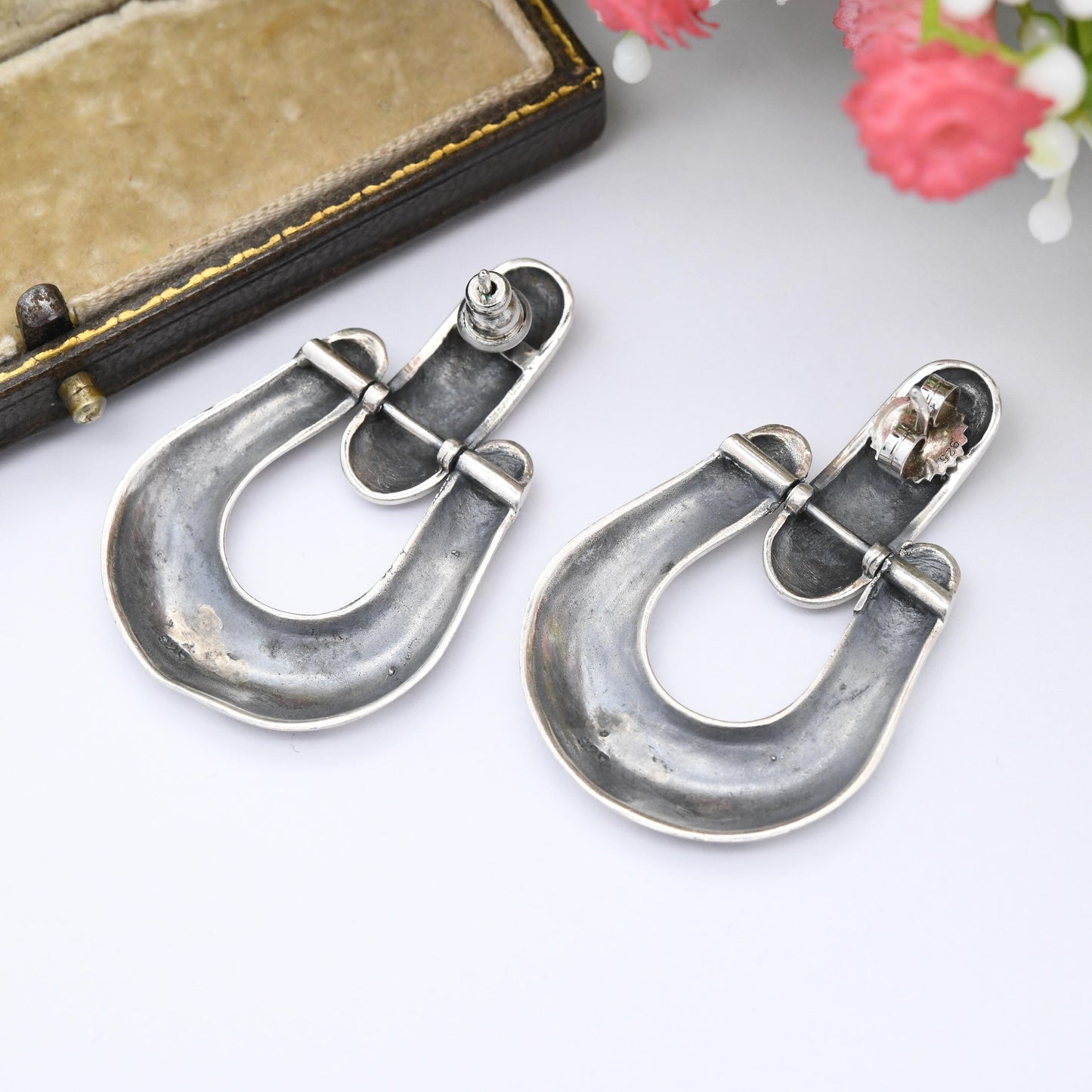 Vintage Sterling Silver Door Knocker Earrings - Large Chunky Dangle Earrings Articulated Hoop Drop | Southwestern Style | Gift for Her