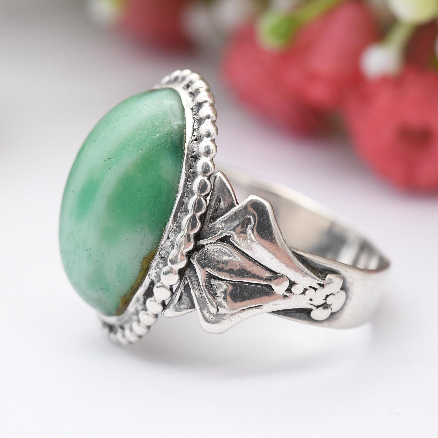 Antique Art Nouveau Sterling Silver Ring with Large Green Stone - Marble Green Stone Statement Ring c. 1900 | UK Size - N | US Size - 6 1/2