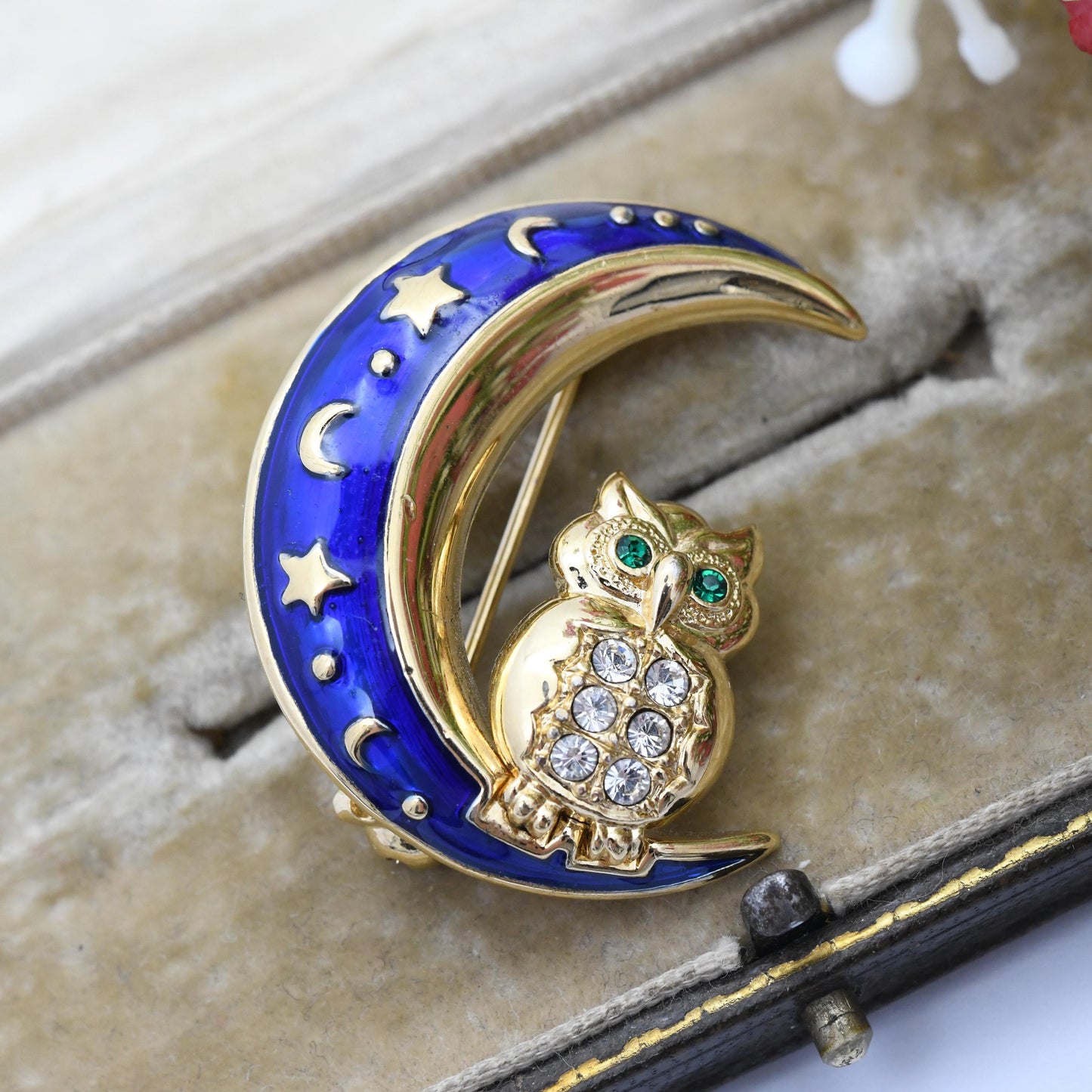 Vintage BJ Owl on a Crescent Moon Brooch Beatrix Jewelry - Gold Tone Blue Enamel Moon Rhinestone Jewellery Gift for Her | Whimsical Style