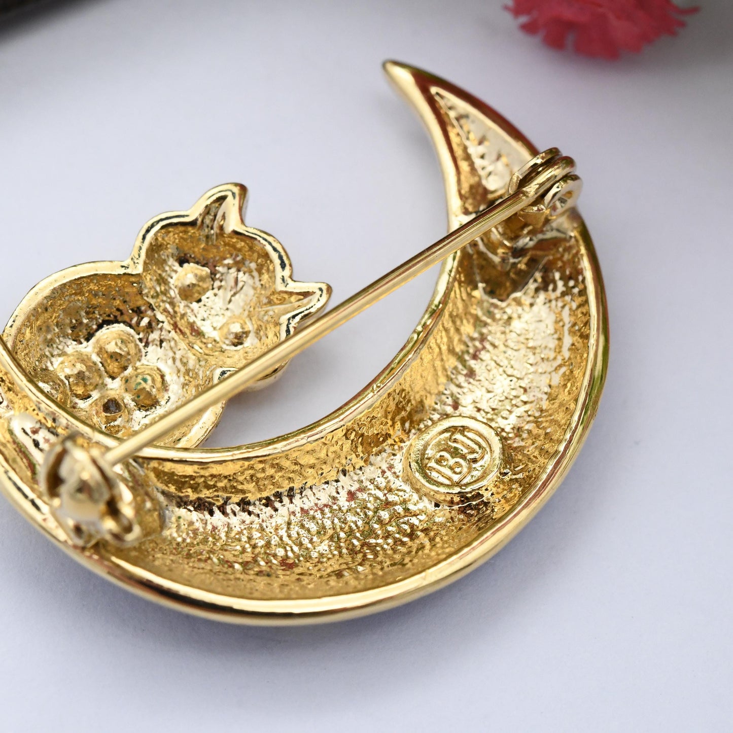 Vintage BJ Owl on a Crescent Moon Brooch Beatrix Jewelry - Gold Tone Blue Enamel Moon Rhinestone Jewellery Gift for Her | Whimsical Style