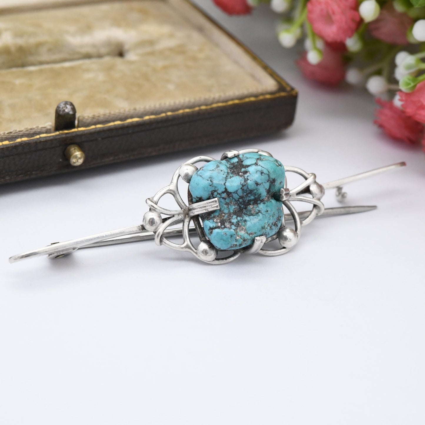 Vintage Sterling Silver Turquoise Bar Brooch - True Vintage c. 1930s | Large Blue Gemstone Tumbled Turquoise Jewellery