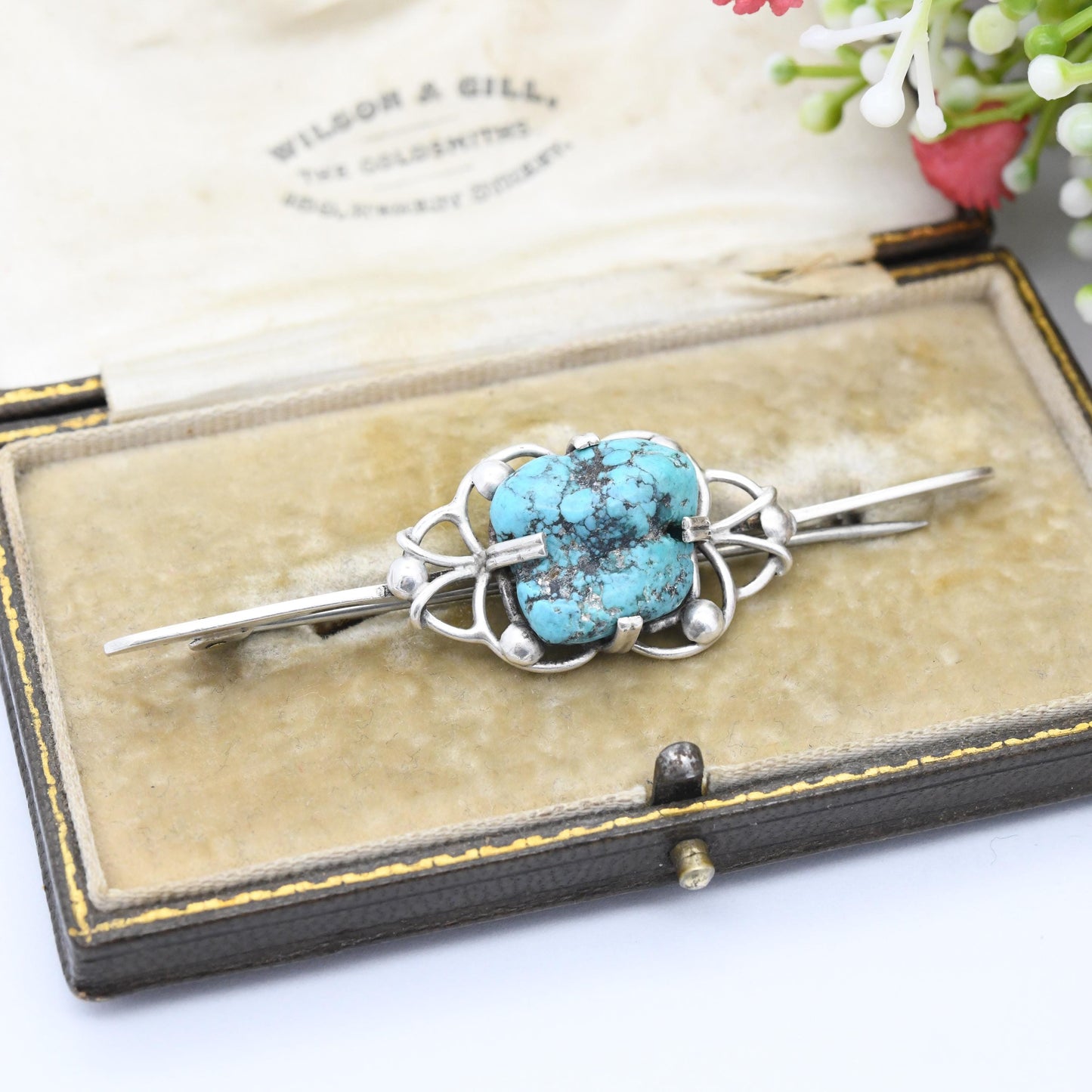 Vintage Sterling Silver Turquoise Bar Brooch - True Vintage c. 1930s | Large Blue Gemstone Tumbled Turquoise Jewellery
