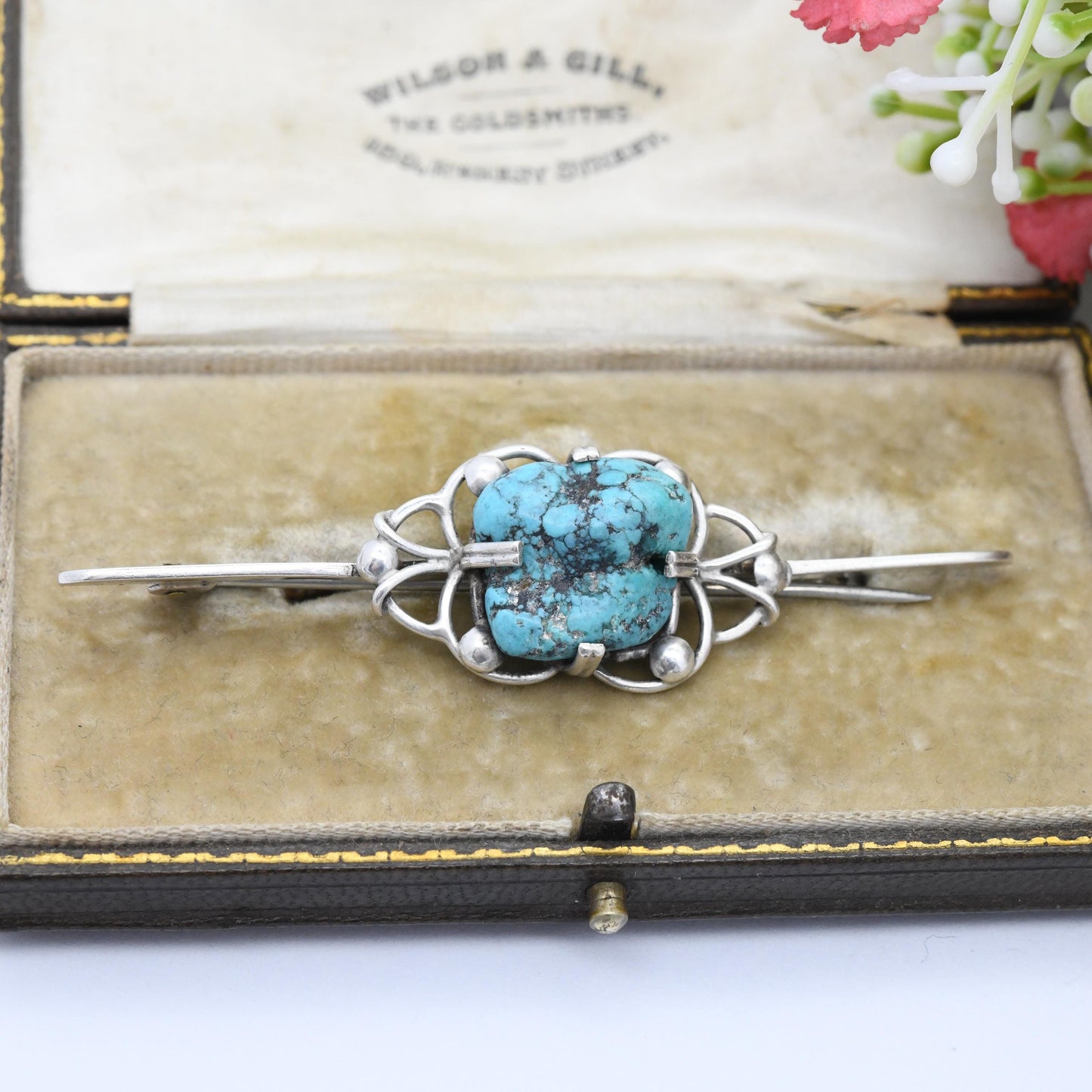 Vintage Sterling Silver Turquoise Bar Brooch - True Vintage c. 1930s | Large Blue Gemstone Tumbled Turquoise Jewellery