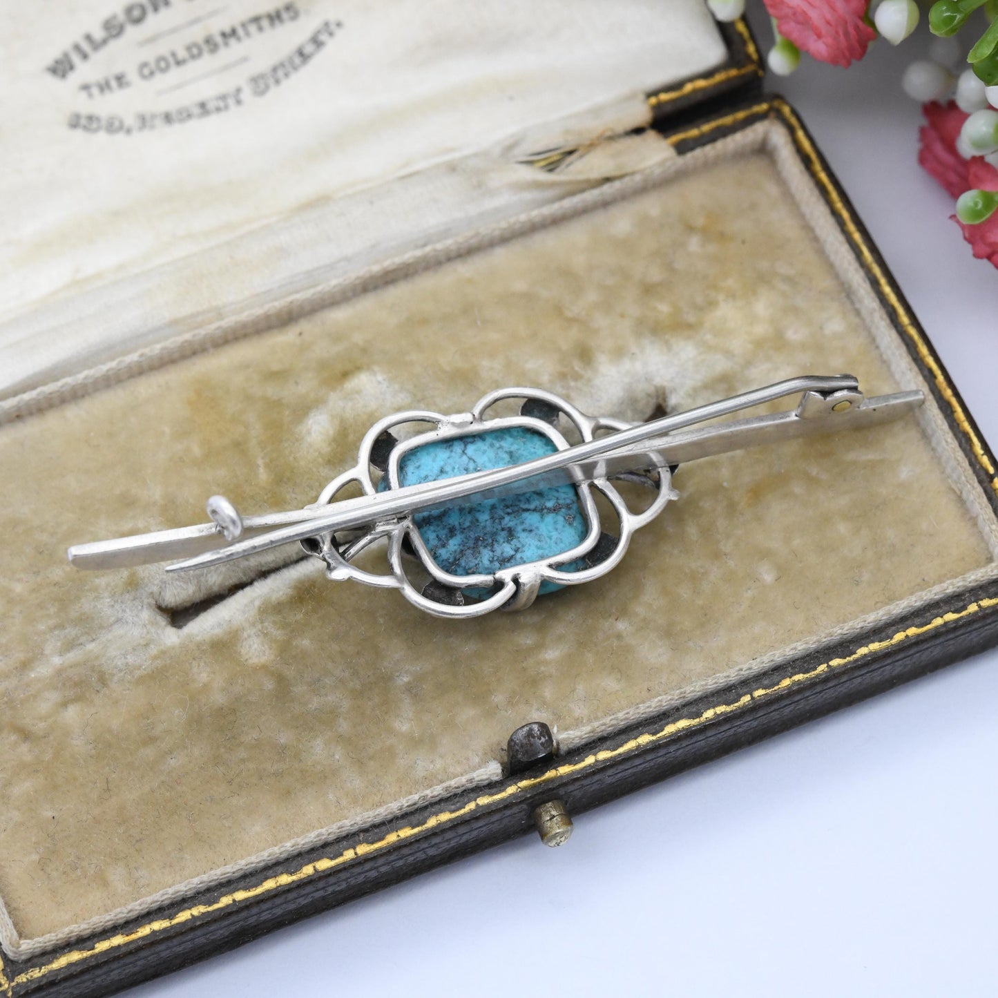 Vintage Sterling Silver Turquoise Bar Brooch - True Vintage c. 1930s | Large Blue Gemstone Tumbled Turquoise Jewellery