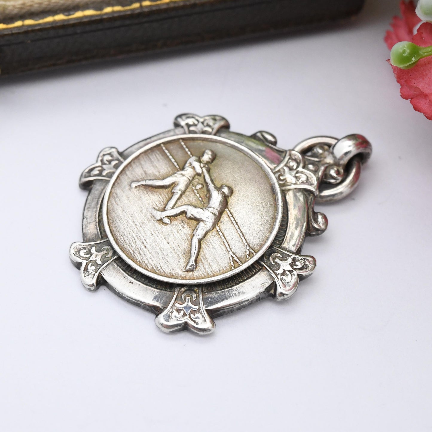 Vintage Sterling Silver Boxing Watch Fob Pendant 1930 by Turner and Simpson T&S - Sports Theme Boxing Medal Ring Scene
