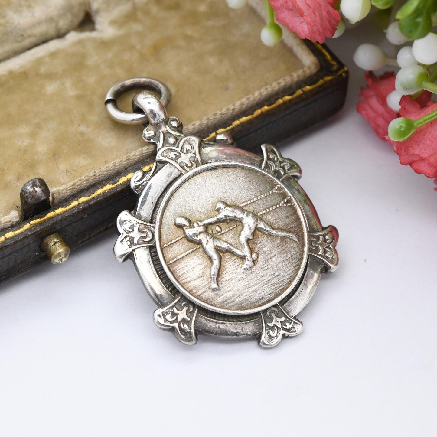 Vintage Sterling Silver Boxing Watch Fob Pendant 1930 by Turner and Simpson T&S - Sports Theme Boxing Medal Ring Scene