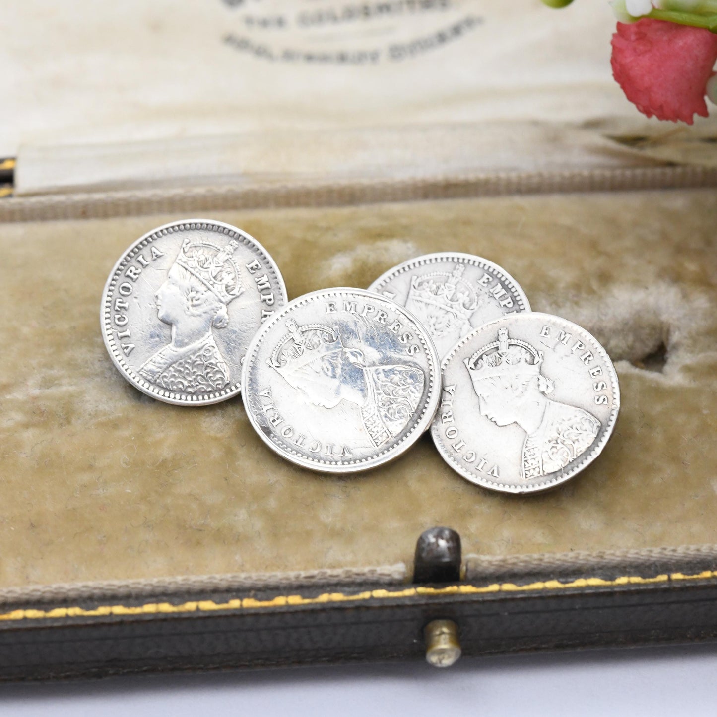 Antique Silver Victoria Coin Cufflinks with Crowned Head - 1880s Two Annas British India | Empress Victoria Collectable Gift