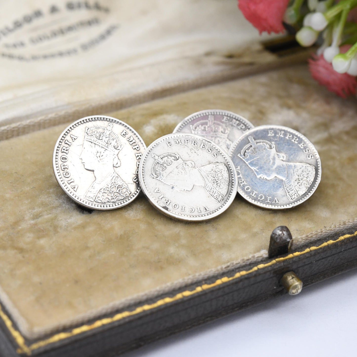 Antique Silver Victoria Coin Cufflinks with Crowned Head - 1880s Two Annas British India | Empress Victoria Collectable Gift
