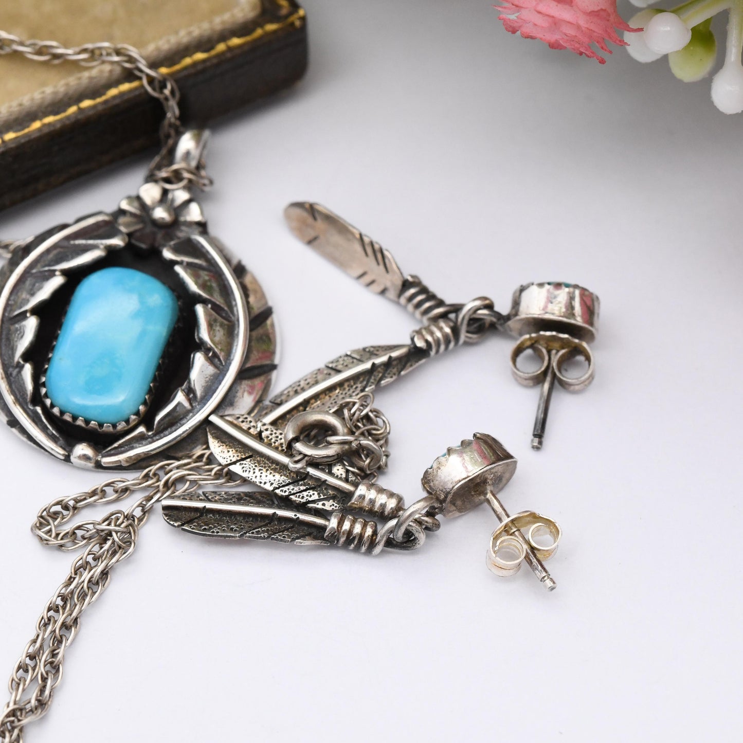 Vintage Southwestern Sterling Silver Turquoise Jewellery Set Pendant Necklace and Earrings - Cabochon Blue Stone Feathers Flower | Gift