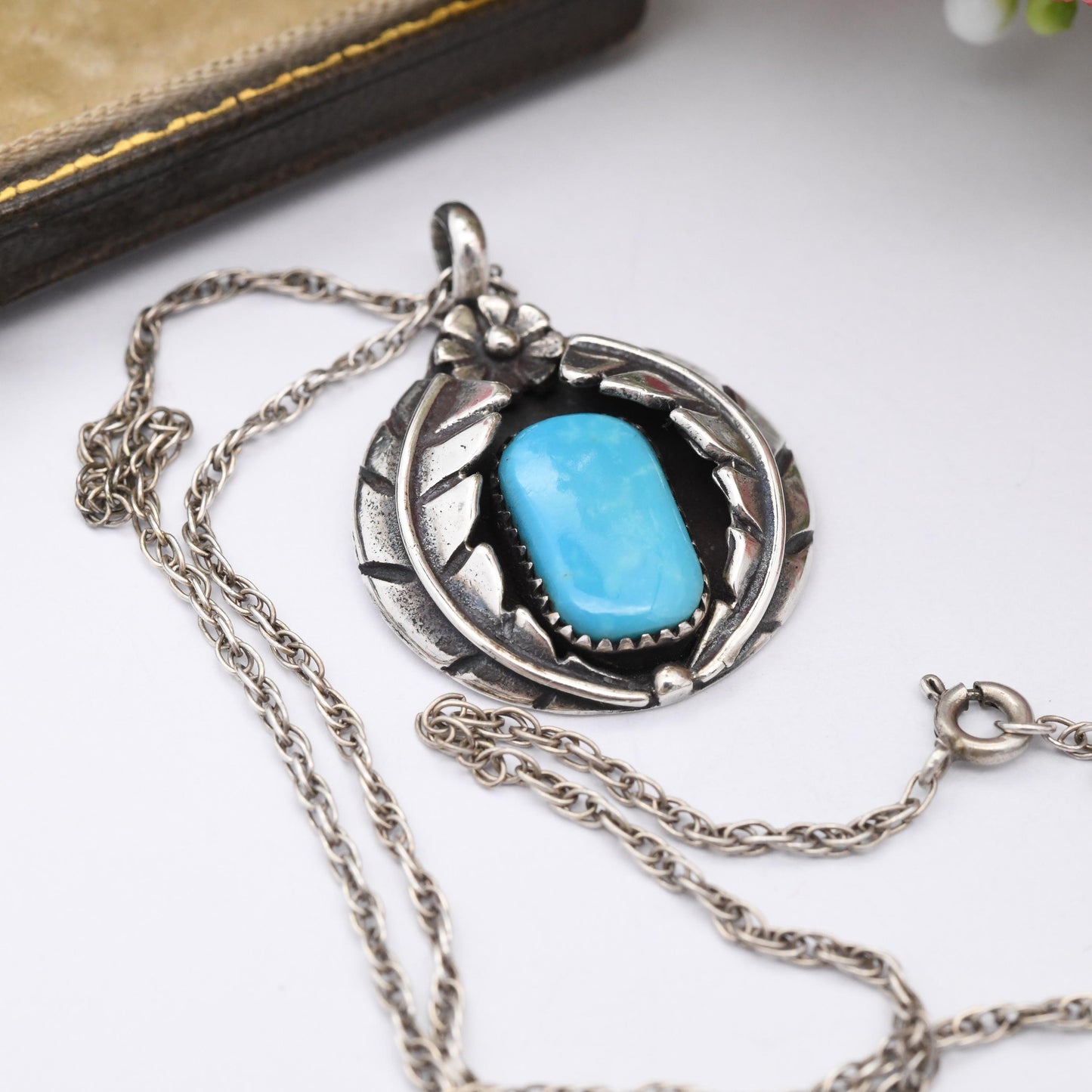 Vintage Southwestern Sterling Silver Turquoise Jewellery Set Pendant Necklace and Earrings - Cabochon Blue Stone Feathers Flower | Gift