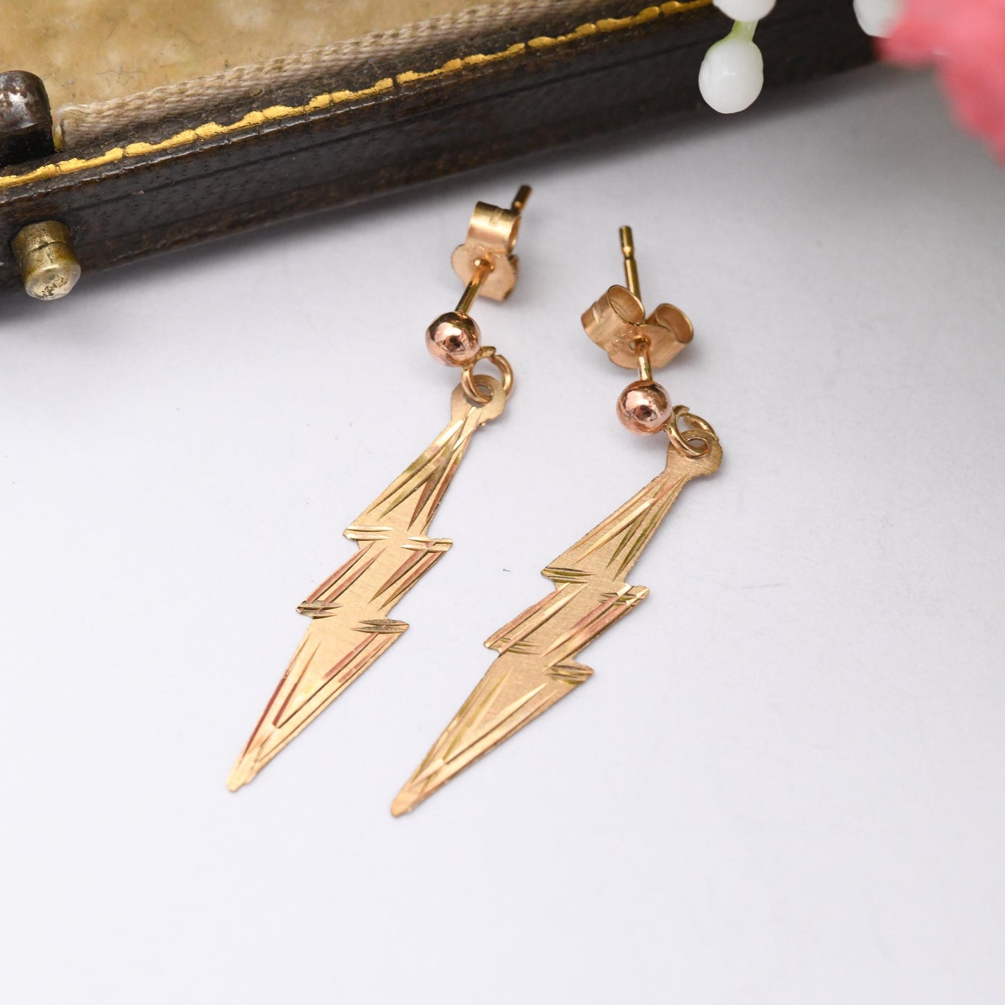 Vintage 9ct Gold Lightning Bolt Drop Earrings - with Butterfly Backs | Fun Minimal Gold Jewellery Gift