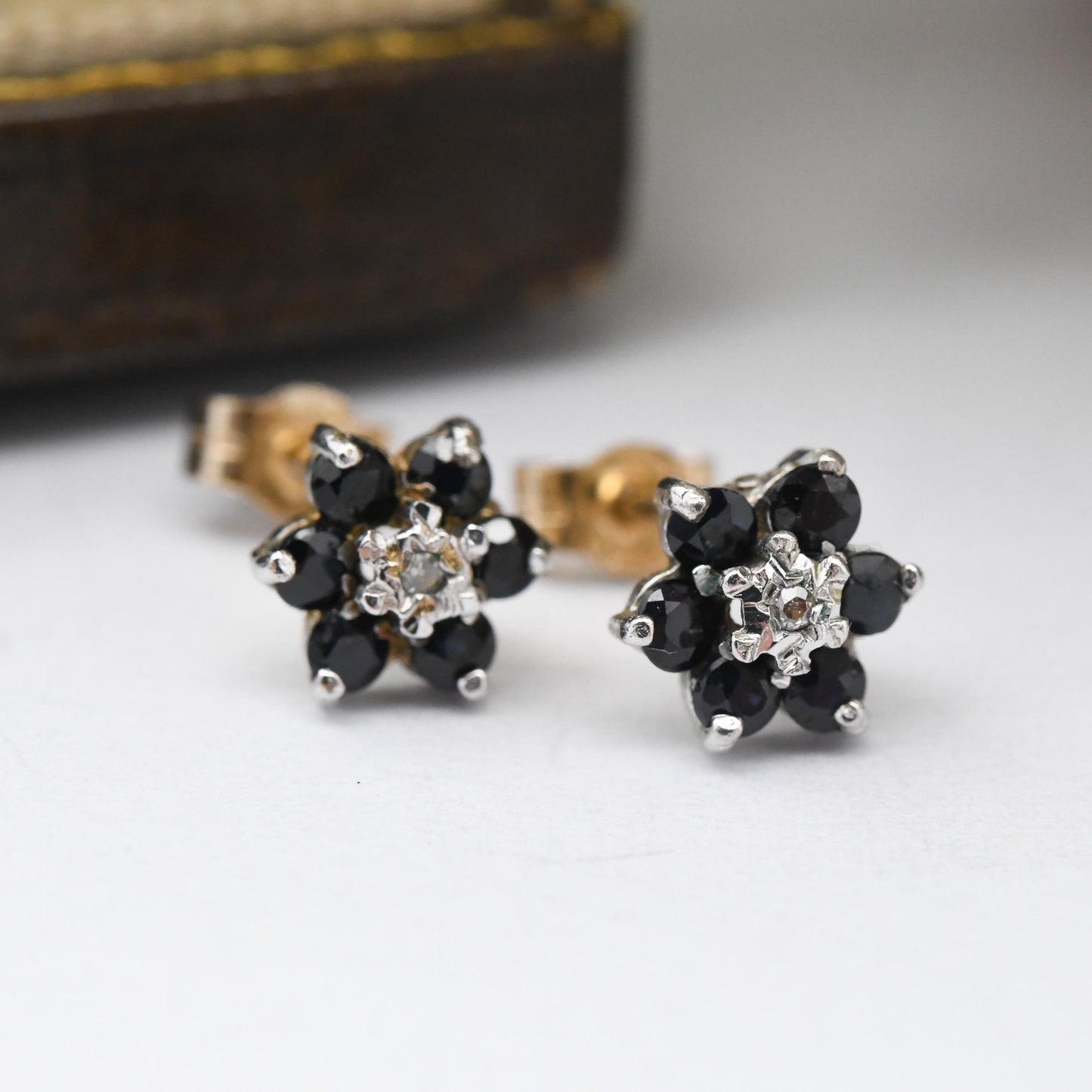 Vintage 9ct Gold Sapphire and Diamond Flower Stud Earrings by P&R Bushell - Floral Blue Gemstone Studs with Butterfly Backs