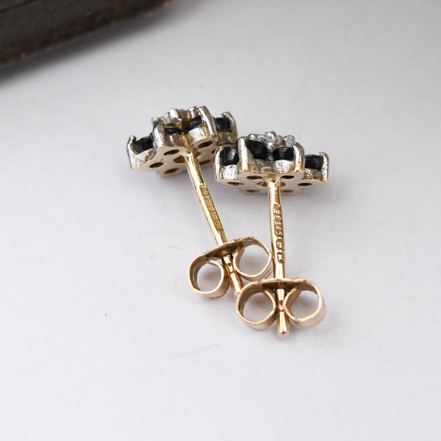 Vintage 9ct Gold Sapphire and Diamond Flower Stud Earrings by P&R Bushell - Floral Blue Gemstone Studs with Butterfly Backs