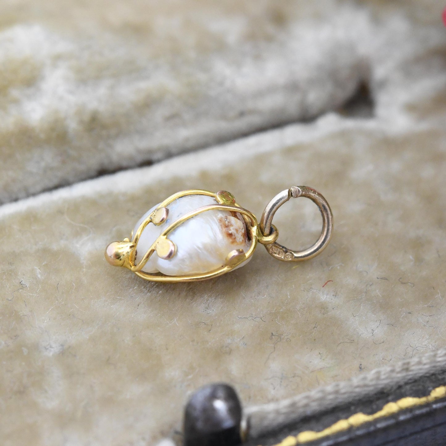 Vintage 9ct Gold Baroque Pearl Charm Pendant - Small Mid-Century Cage Set Wonky Pearl | Gift for Charm Collection