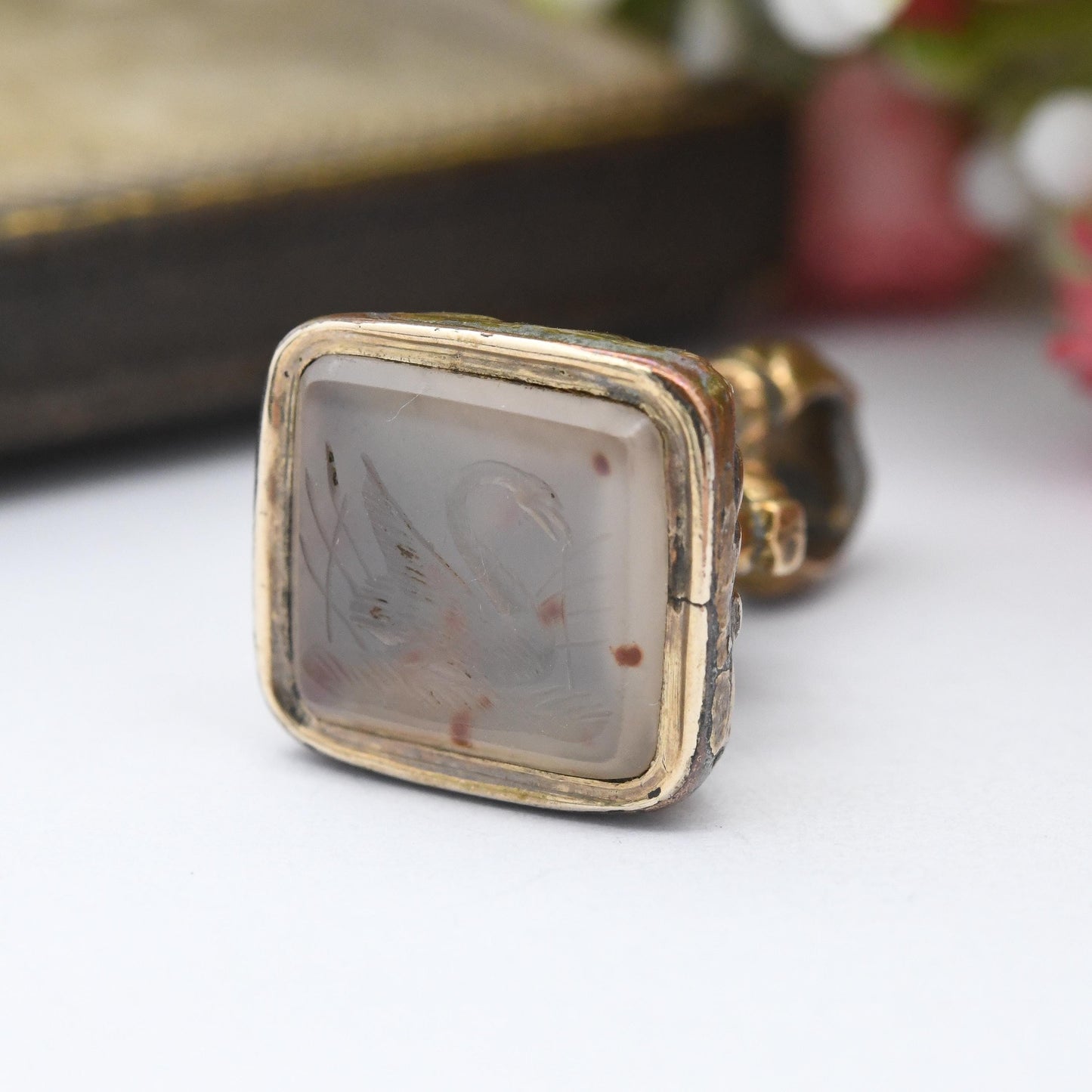 Antique Gemstone Swan Seal Fob Pendant - Intaglio Carved Stone Watch Fob Pendant | Ornate Victorian Jewellery | Bird in the Reeds Image