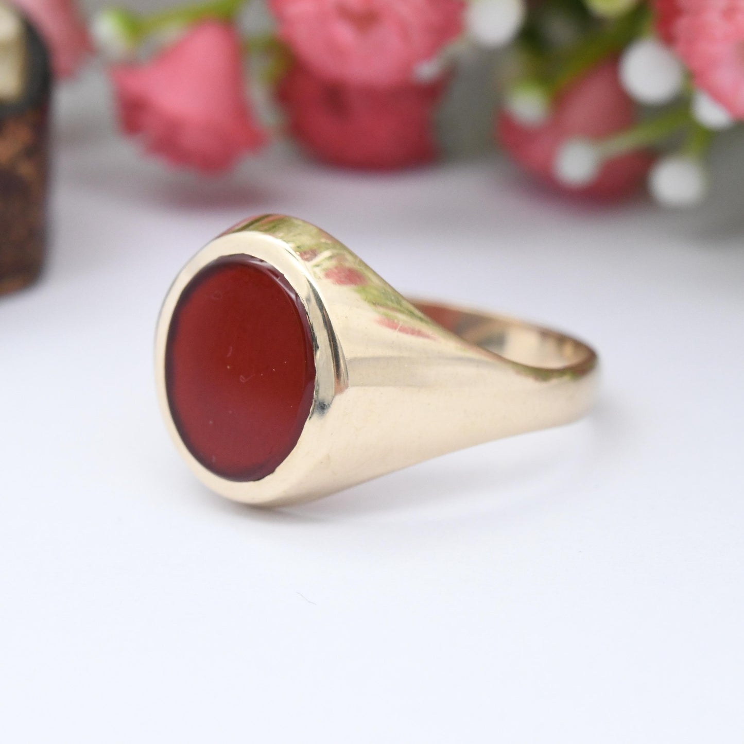 Vintage 9ct Gold Carnelian Signet Ring 1983 - Unisex Chunky Solid Gold Blank Gemstone | Boyfriend Gift | UK Size - V 1/2 | US Size - 10 3/4