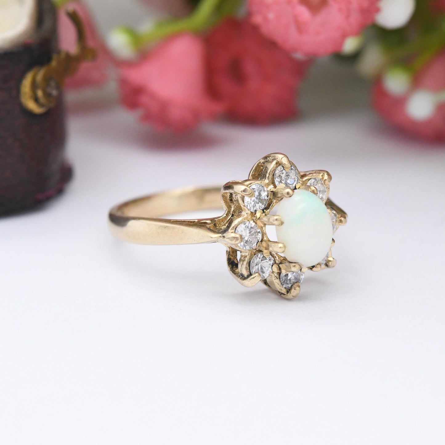 Vintage 9ct Gold Opal Floral Cluster Ring 1982 - Pretty Mid-Century Flower Ring with Clear Stones Halo | UK Size - L | US Size - 5 3/4
