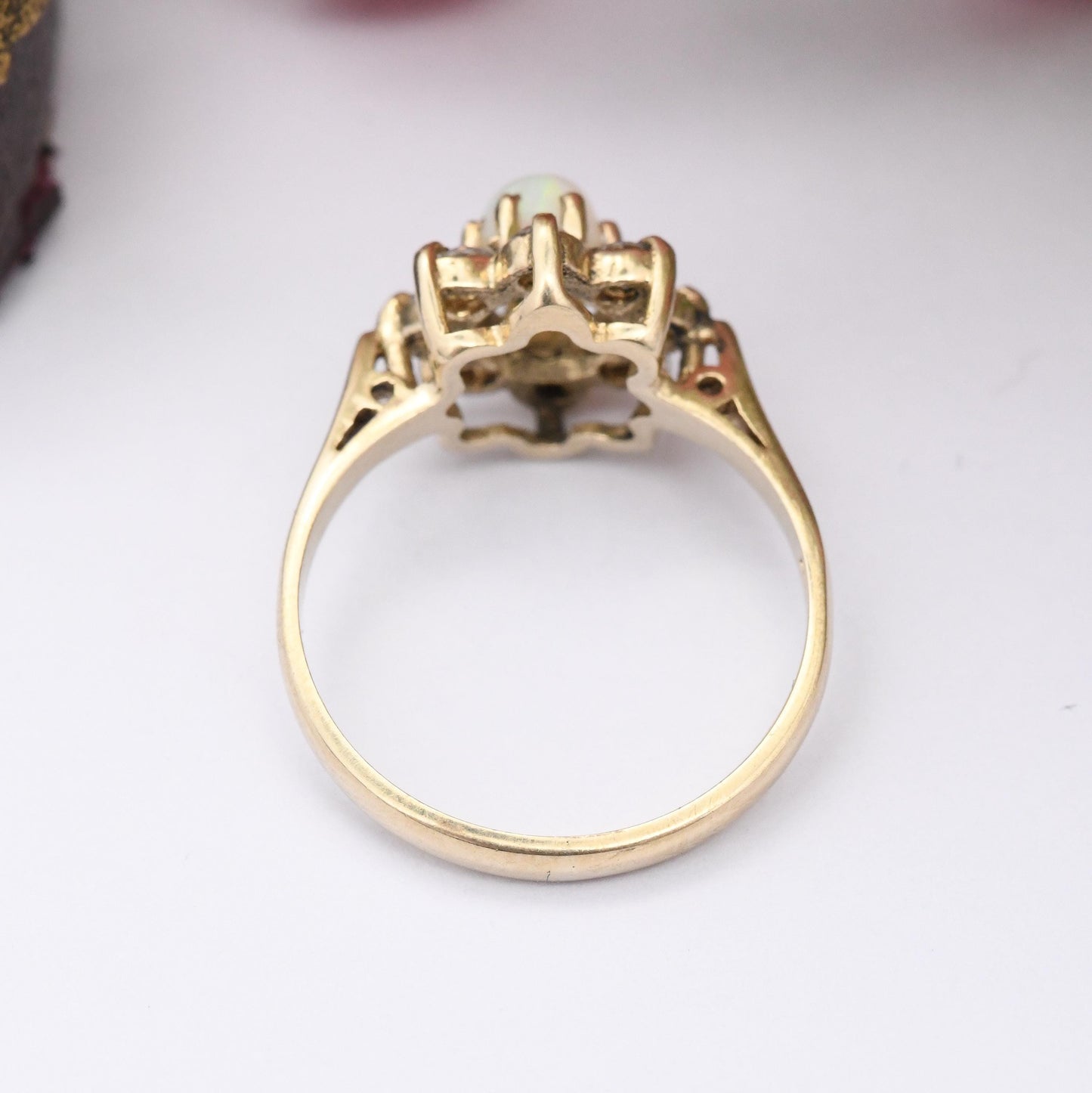 Vintage 9ct Gold Opal Floral Cluster Ring 1982 - Pretty Mid-Century Flower Ring with Clear Stones Halo | UK Size - L | US Size - 5 3/4