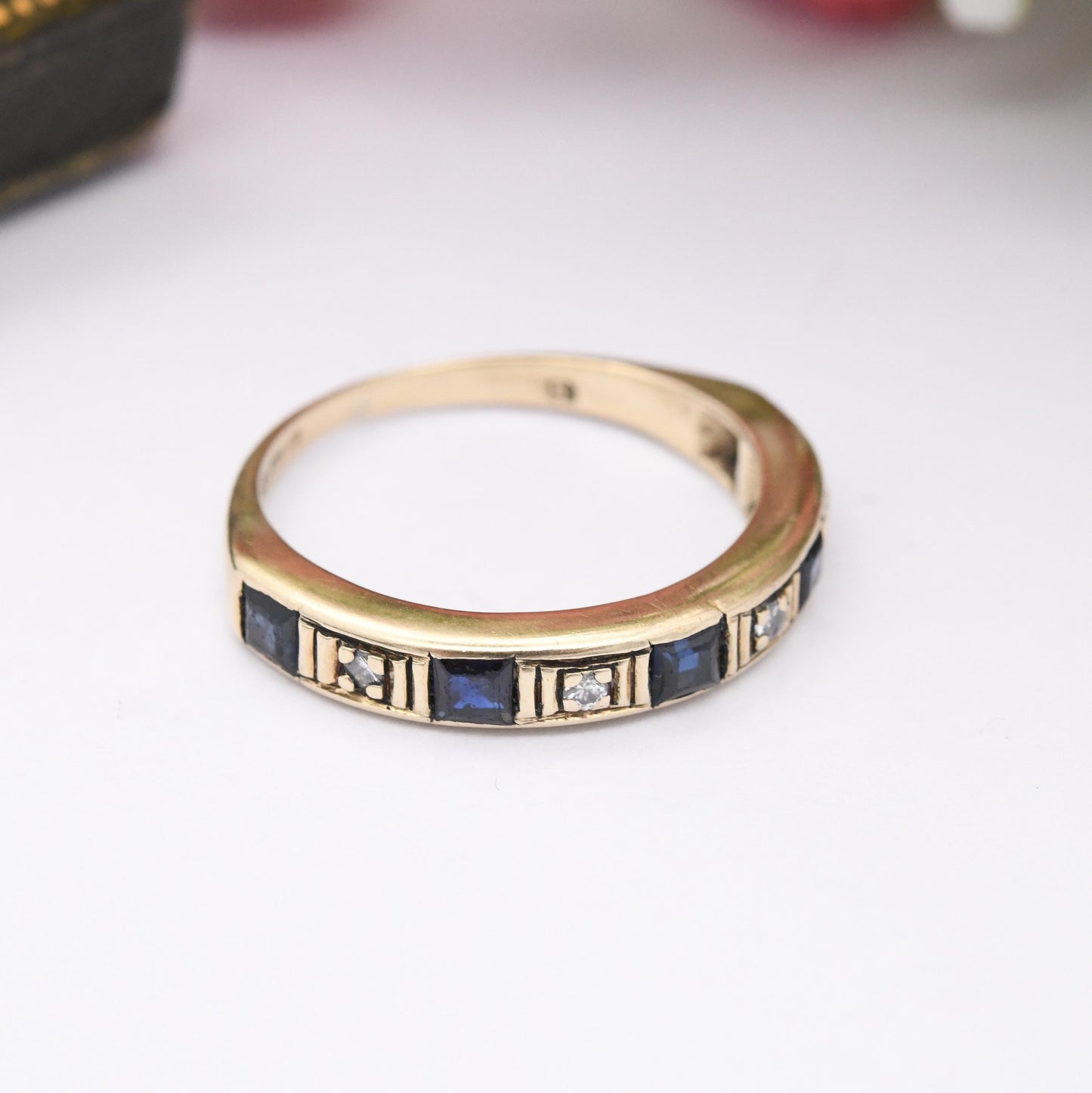 Vintage 9ct Gold Sapphire and Diamond Half Eternity Ring 1982 - Square Blue Gemstone Band Stacker Ring | UK Size - N | US Size - 6 3/4