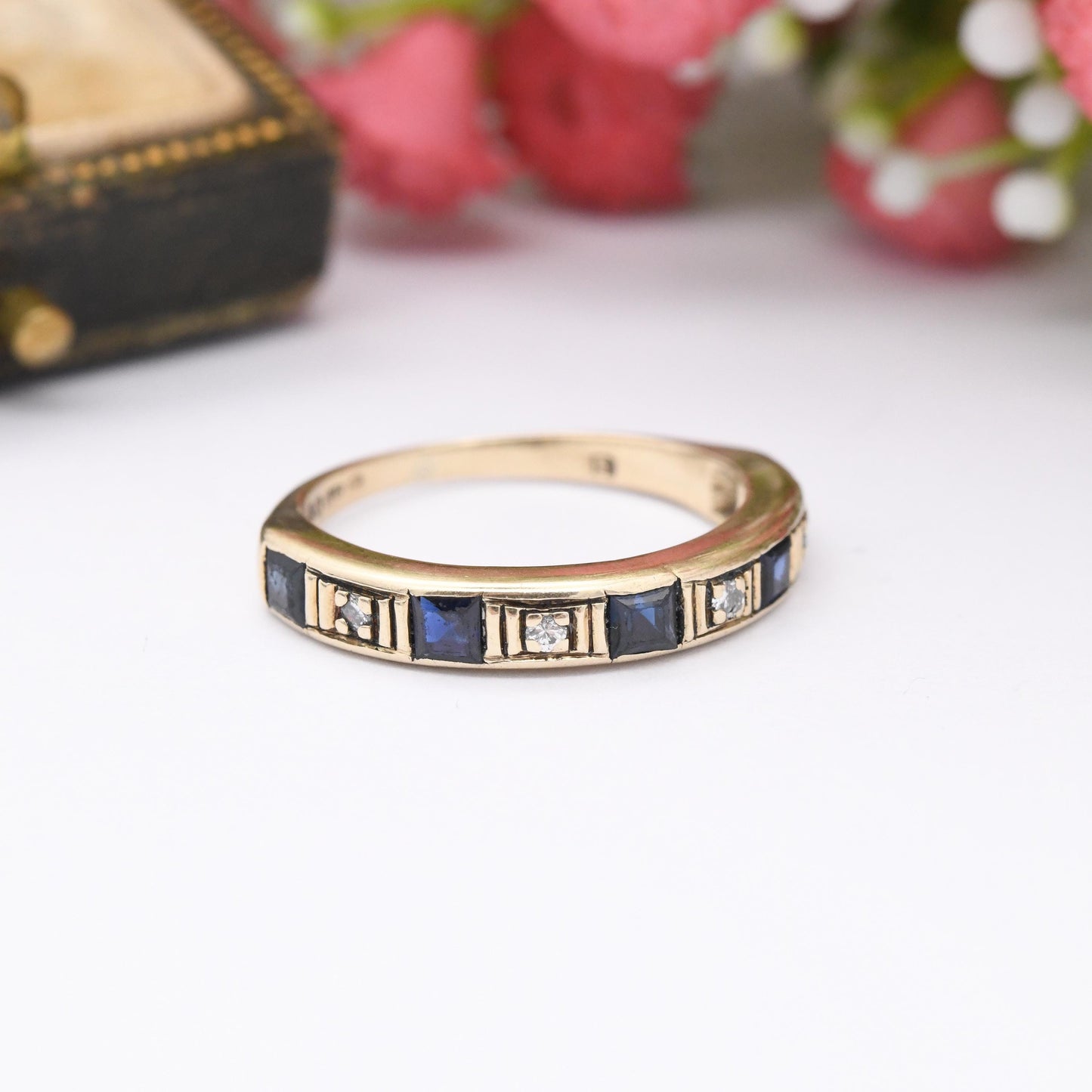 Vintage 9ct Gold Sapphire and Diamond Half Eternity Ring 1982 - Square Blue Gemstone Band Stacker Ring | UK Size - N | US Size - 6 3/4