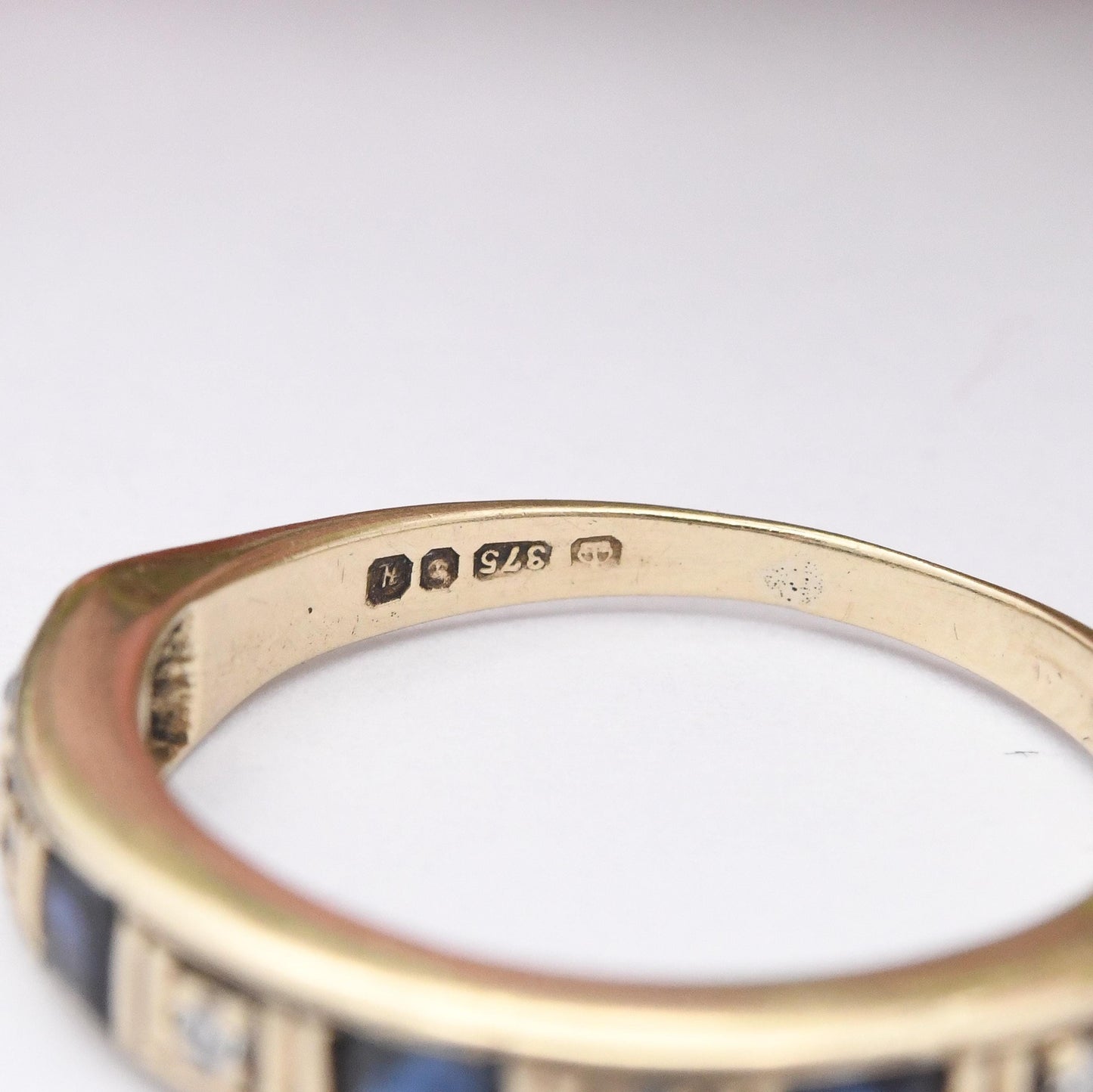 Vintage 9ct Gold Sapphire and Diamond Half Eternity Ring 1982 - Square Blue Gemstone Band Stacker Ring | UK Size - N | US Size - 6 3/4
