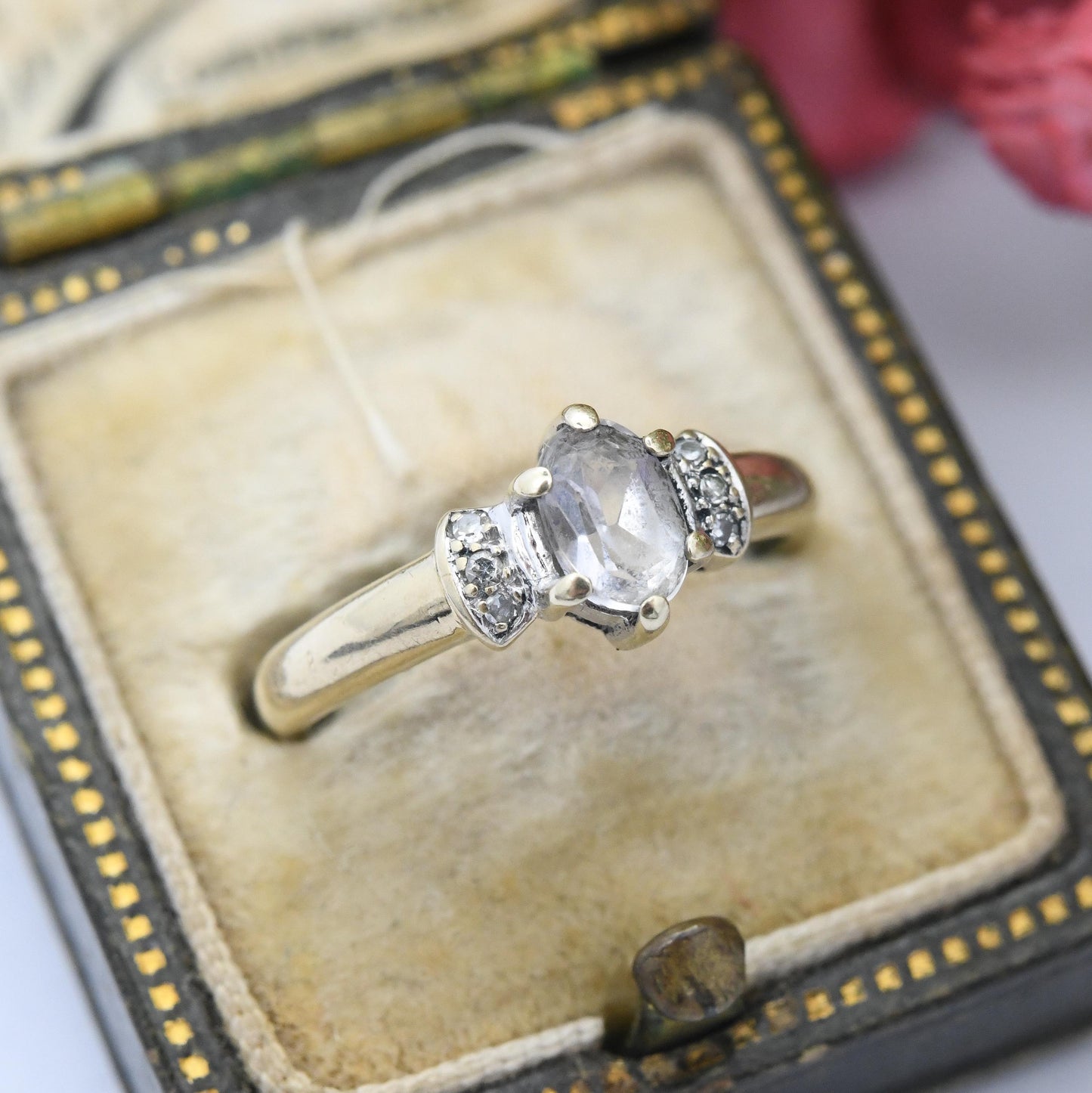 Vintage 9ct Gold Quartz Solitaire Ring with Diamond Side Stones 1996 - Oval Stone Engagement Pretty Gift | UK Size - I 1/2 | US Size - 4 1/2