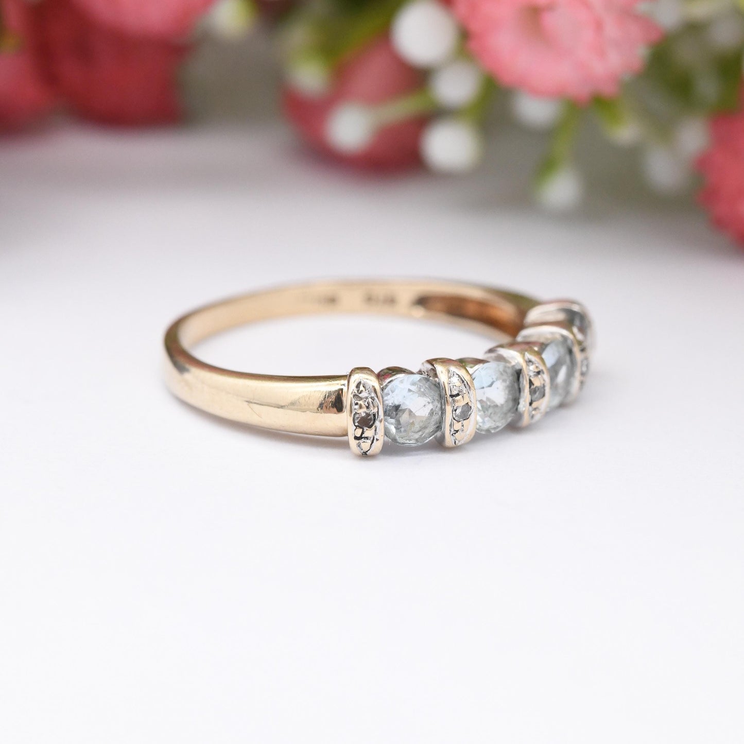Vintage 9ct Gold Aquamarine and Diamond Ring - Blue and White Gemstone Half Hoop Band Ring Tension Illusion | UK Size - P | US Size - 7 1/2