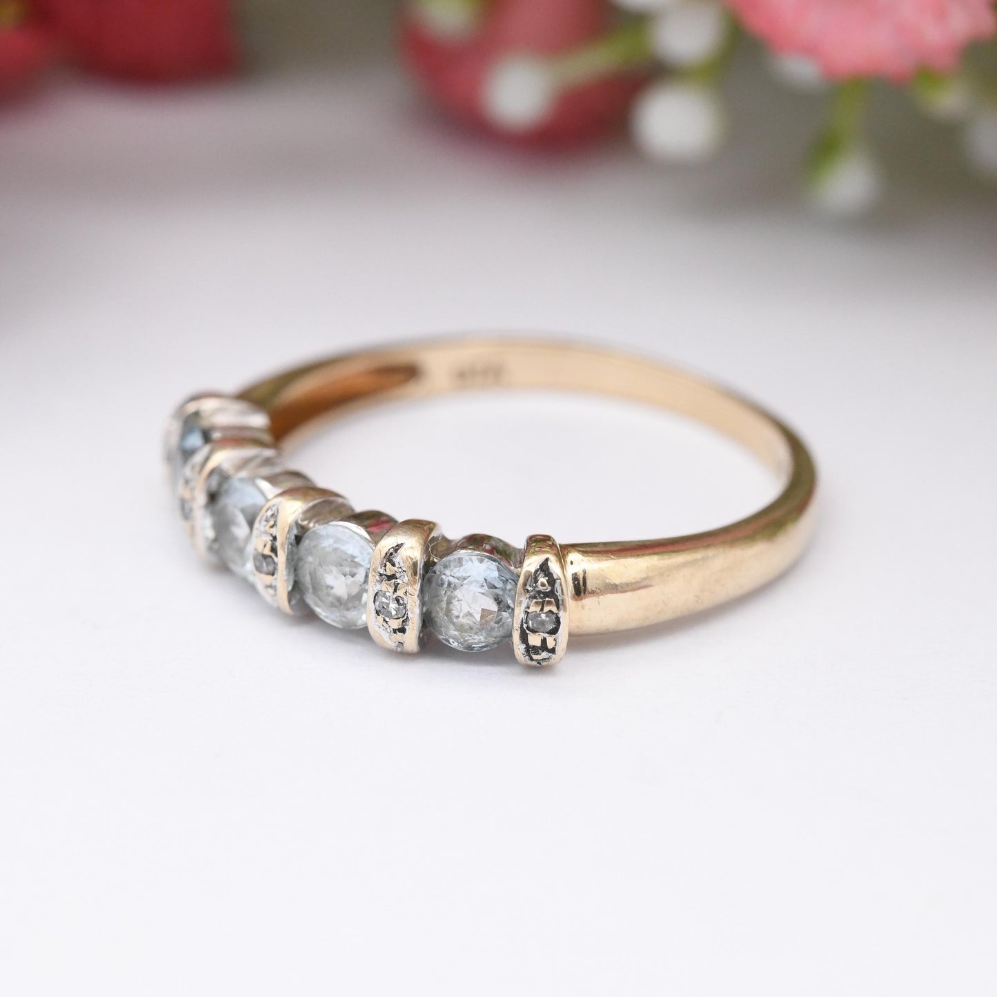 Vintage 9ct Gold Aquamarine and Diamond Ring - Blue and White Gemstone Half Hoop Band Ring Tension Illusion | UK Size - P | US Size - 7 1/2