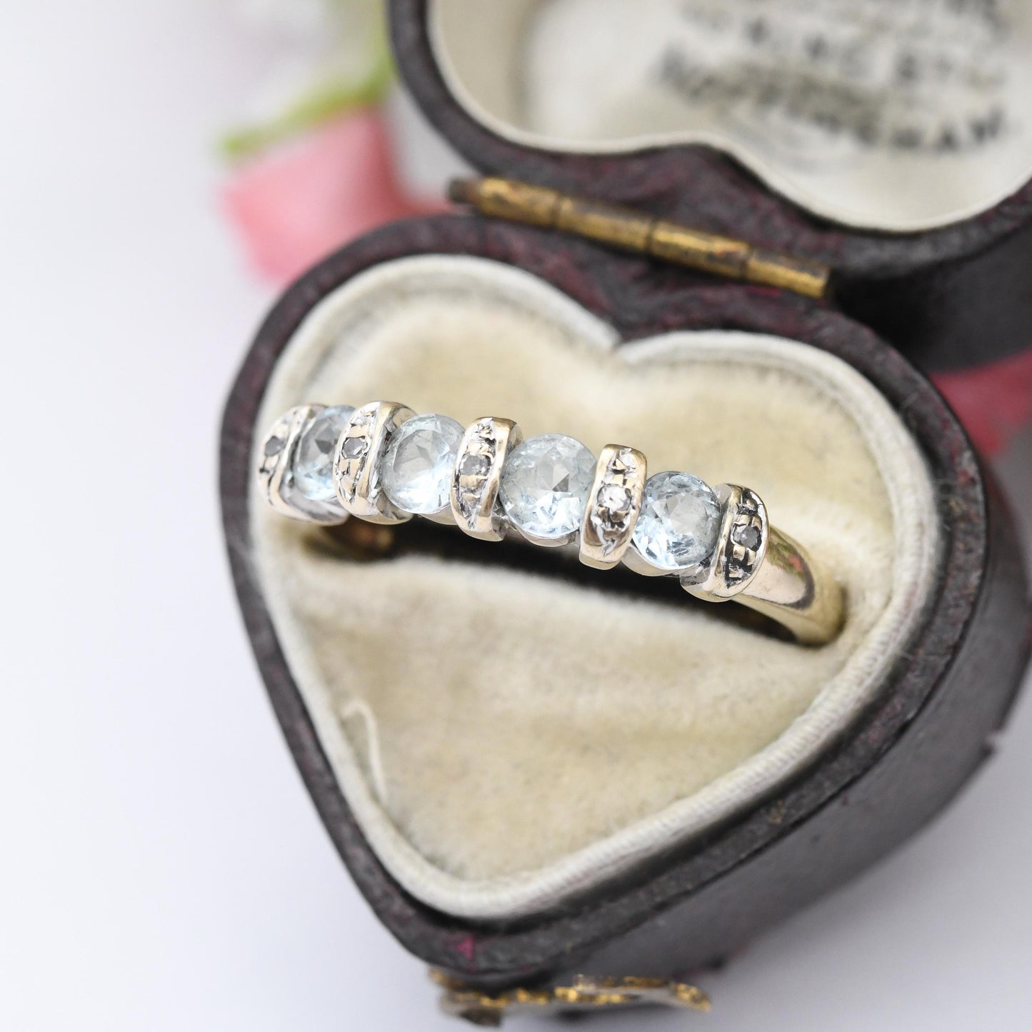 Vintage 9ct Gold Aquamarine and Diamond Ring - Blue and White Gemstone Half Hoop Band Ring Tension Illusion | UK Size - P | US Size - 7 1/2