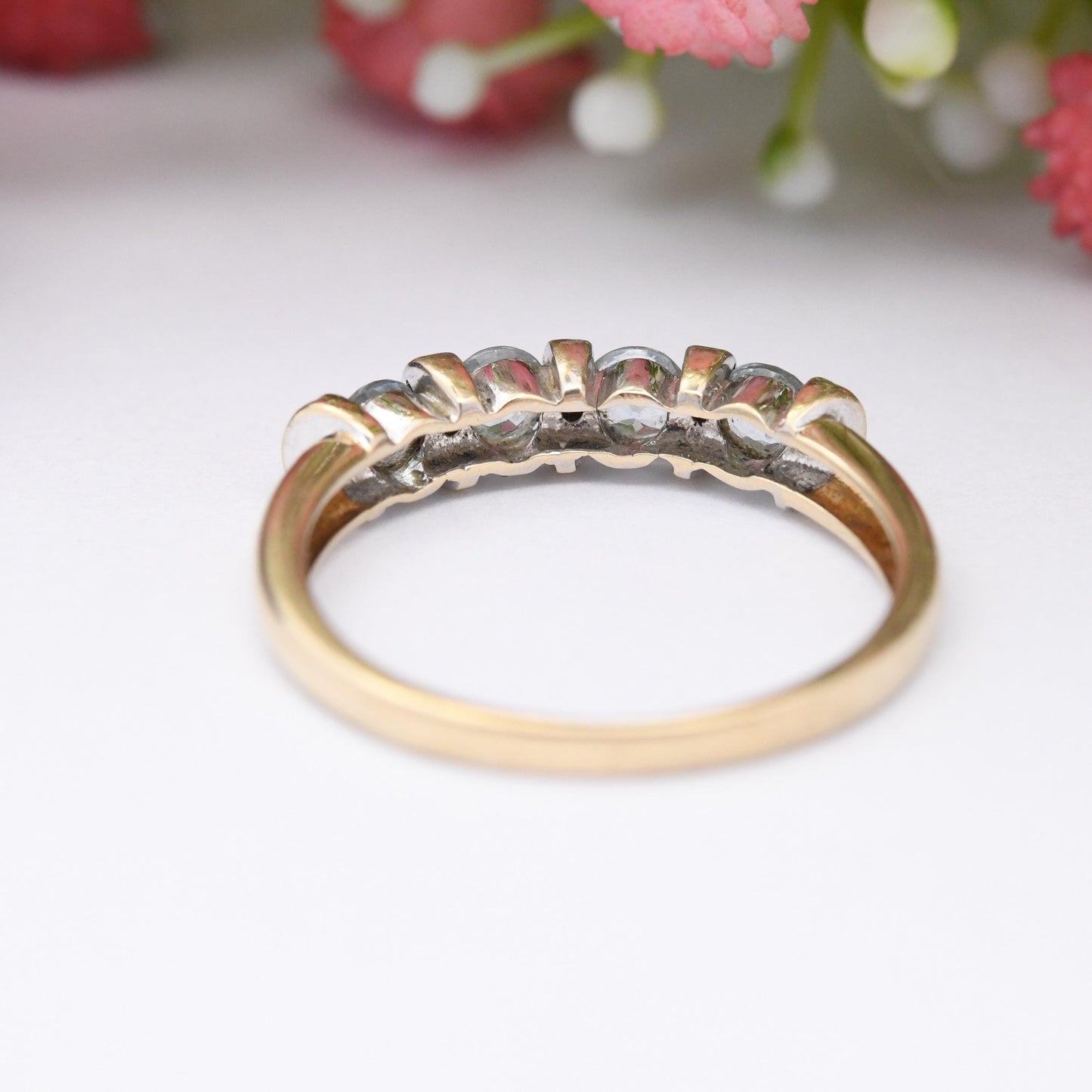 Vintage 9ct Gold Aquamarine and Diamond Ring - Blue and White Gemstone Half Hoop Band Ring Tension Illusion | UK Size - P | US Size - 7 1/2