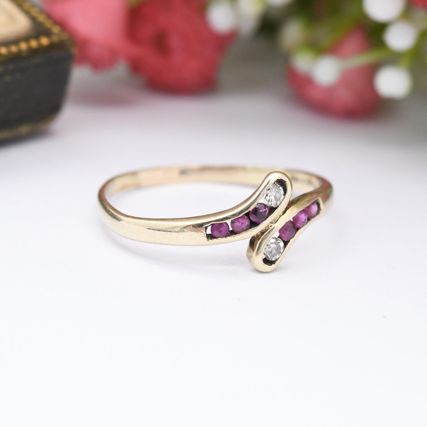Vintage 9ct Gold Ruby and Diamond Bypass Ring 1986 - Channel Set Gemstone Stacker Ring Pretty Gift for Her | UK Size - P | US Size - 7 1/2