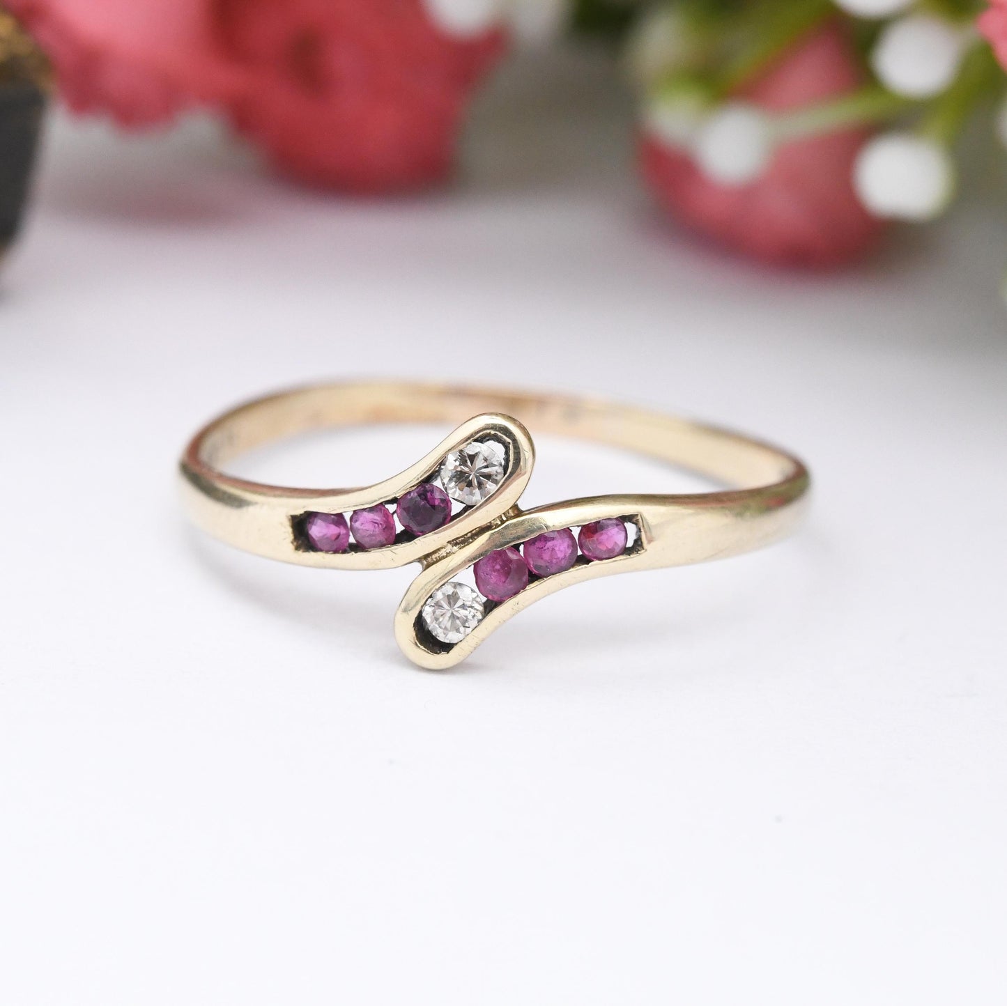 Vintage 9ct Gold Ruby and Diamond Bypass Ring 1986 - Channel Set Gemstone Stacker Ring Pretty Gift for Her | UK Size - P | US Size - 7 1/2