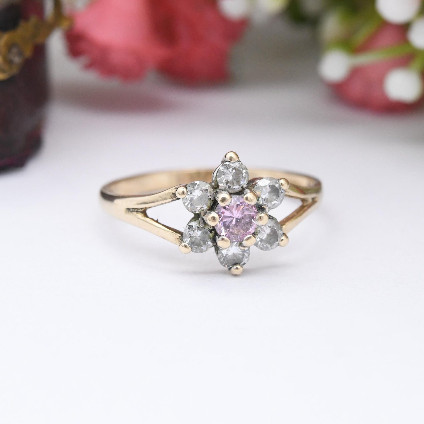 Vintage 9ct Gold Flower Ring Pink and White CZ - Mid-Century Floral Shape Cocktail Sparkly Jewellery Gift | UK Size - L 1/2 | US Size - 6