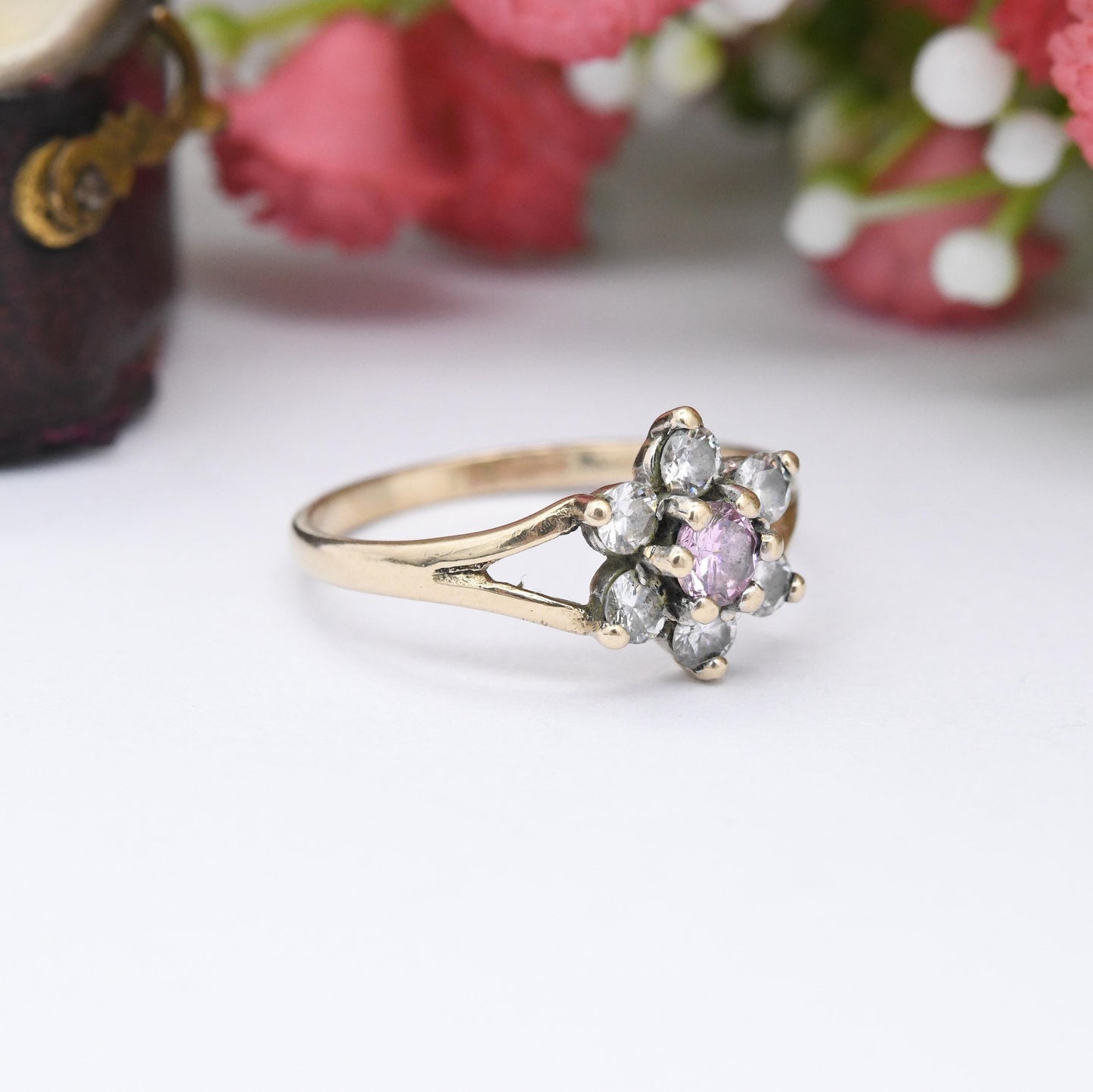 Vintage 9ct Gold Flower Ring Pink and White CZ - Mid-Century Floral Shape Cocktail Sparkly Jewellery Gift | UK Size - L 1/2 | US Size - 6