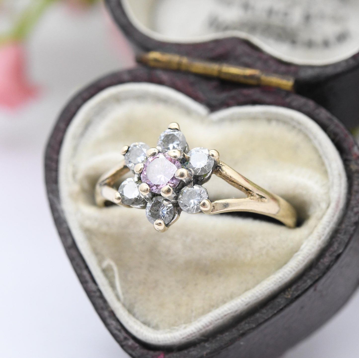 Vintage 9ct Gold Flower Ring Pink and White CZ - Mid-Century Floral Shape Cocktail Sparkly Jewellery Gift | UK Size - L 1/2 | US Size - 6