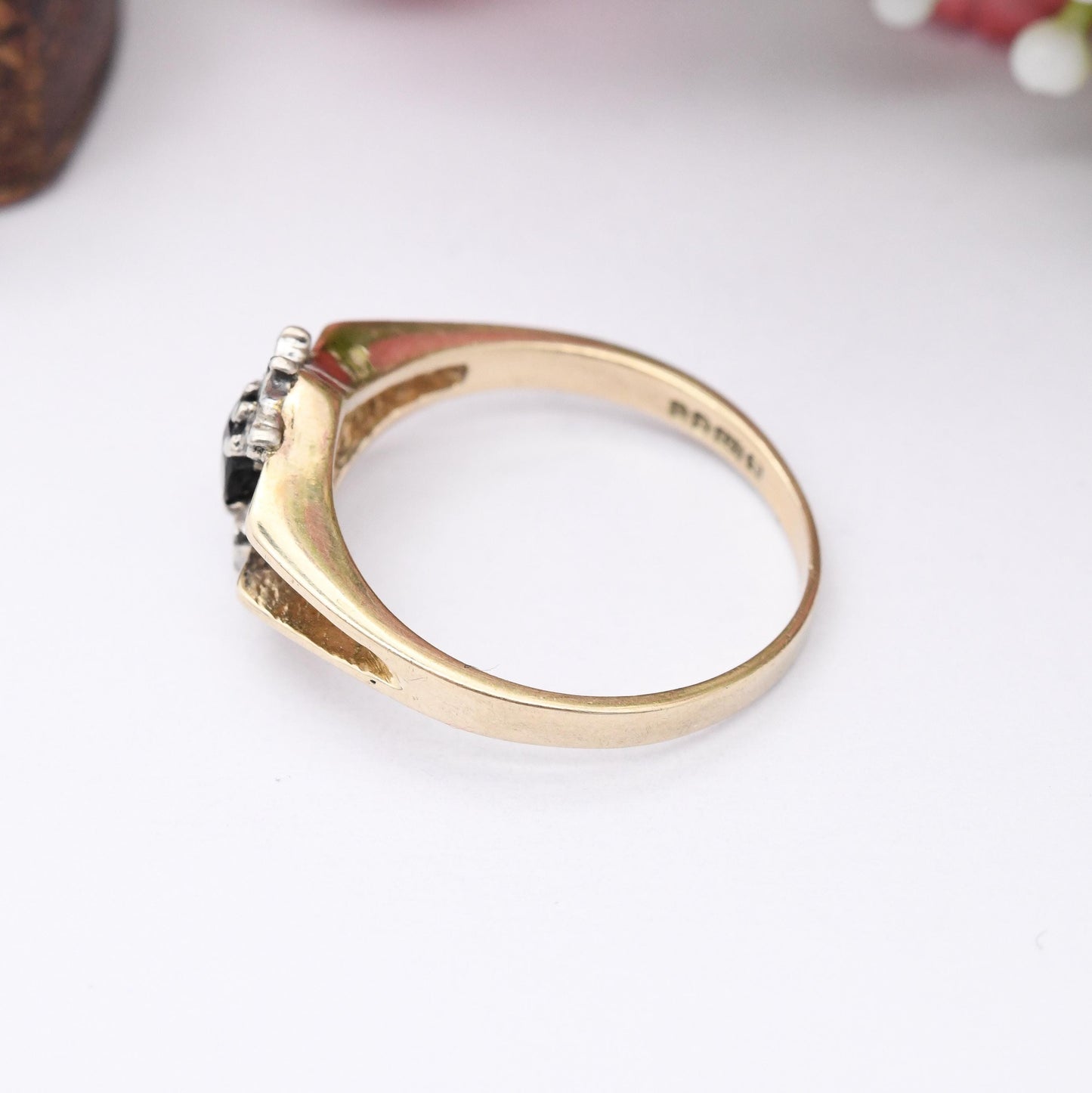 Vintage 9ct Gold Sapphire Diamond Floral Cluster Ring 1981 - Mid-Century Cut Out Statement Gift for Her | UK Size - P 1/2 | US Size - 7 3/4