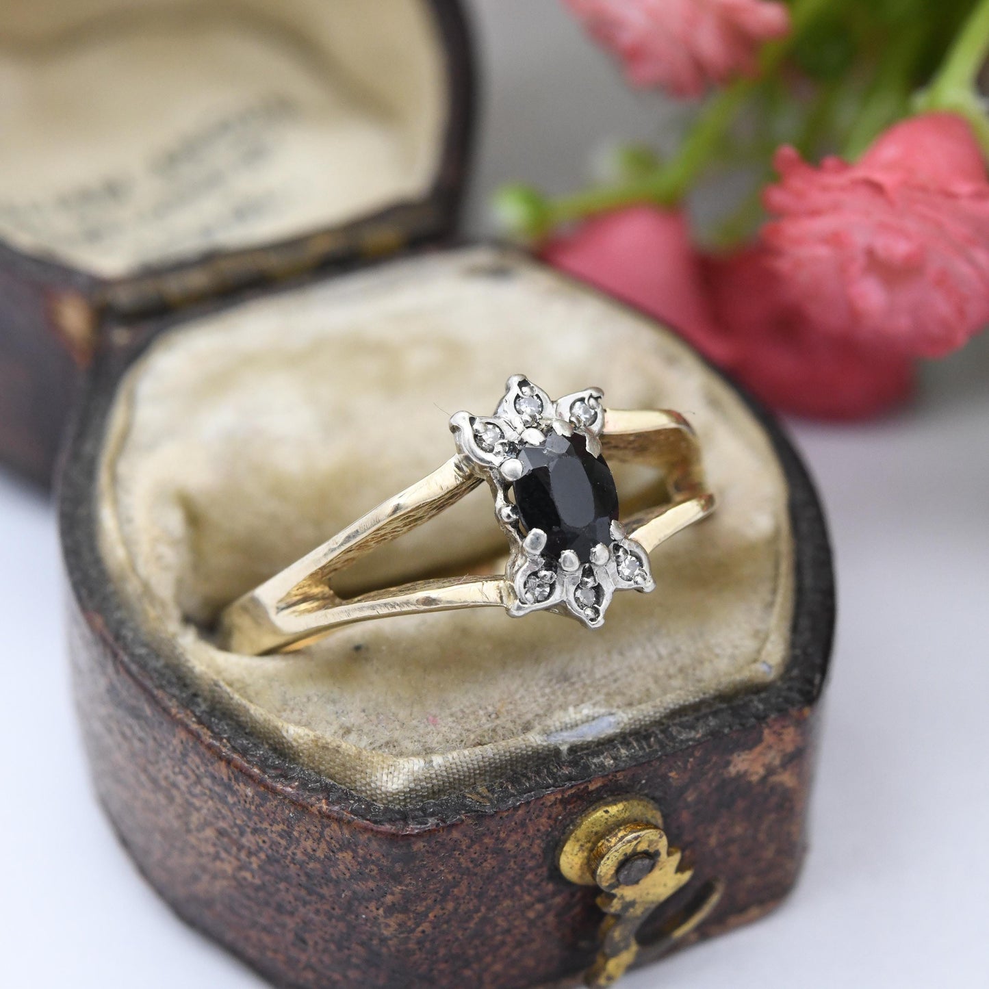 Vintage 9ct Gold Sapphire Diamond Floral Cluster Ring 1981 - Mid-Century Cut Out Statement Gift for Her | UK Size - P 1/2 | US Size - 7 3/4