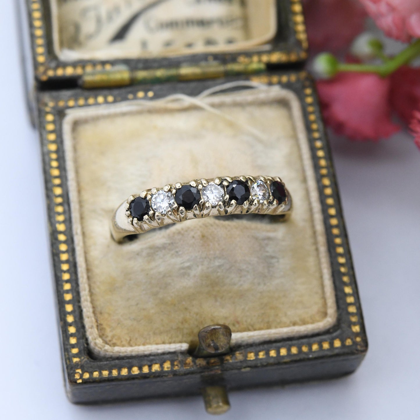 Vintage 9ct Gold Sapphire Half Eternity Ring 1994 - Blue and Clear Seven Stone Stacker Ring Pretty Gold Gift | UK Size - N | US Size - 6 3/4