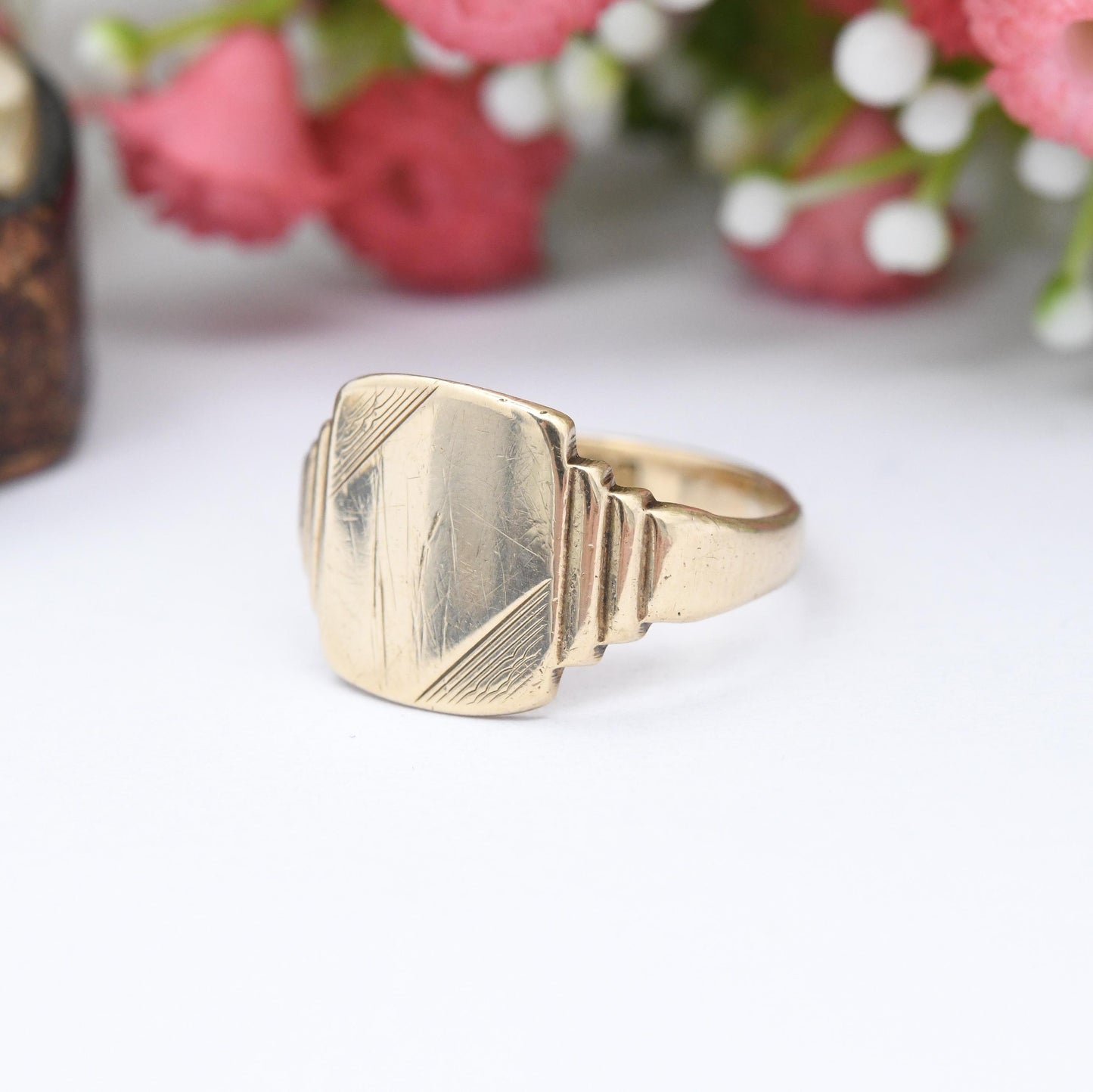 Vintage 9ct Gold Signet Ring 1967 - Art Deco Style Step Design | Gold Ring for Engraving Gift for Him | UK Size - O 1/2 | US Size - 7 1/2