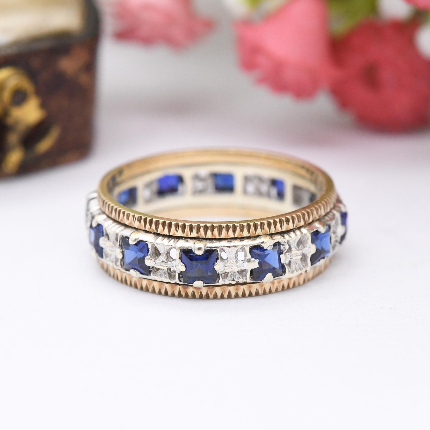 Vintage 9ct Gold Eternity Ring with Square Blue Stones - Two-Tone White Gold Yellow Gold | UK Size - M | US Size - 6 1/4
