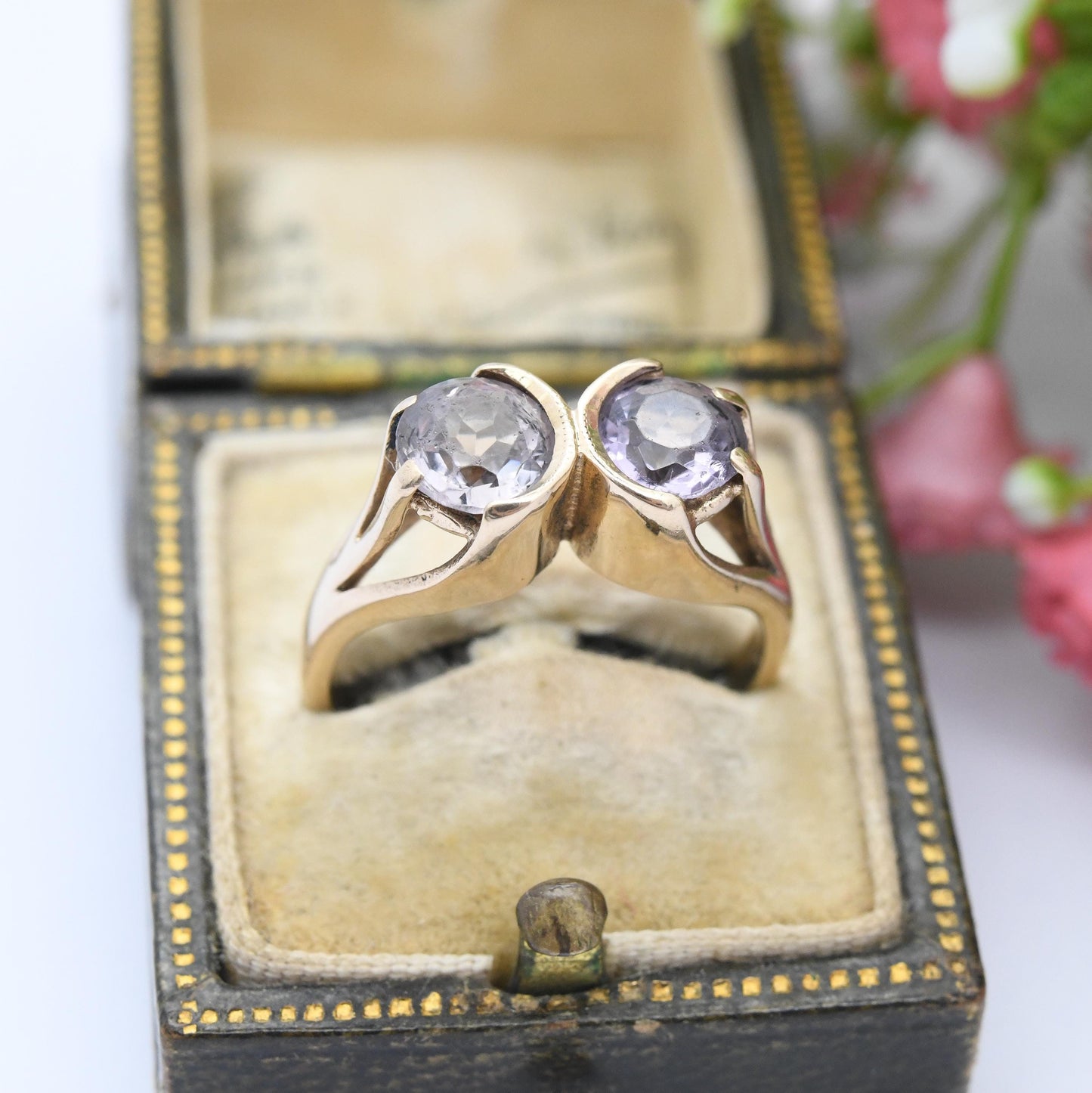 Vintage 9ct Gold Two Stone Ring 1970 Purple Clear Dual Gemstones - Mid-Century Large Faceted Stone Cocktail | UK Size - N 1/2 | US Size - 7